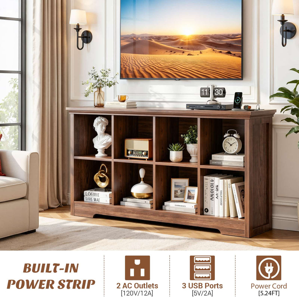8 Cube Storage Organizer with Charging Station, 3-Tier Farmhouse Wooden Cube Bookcase