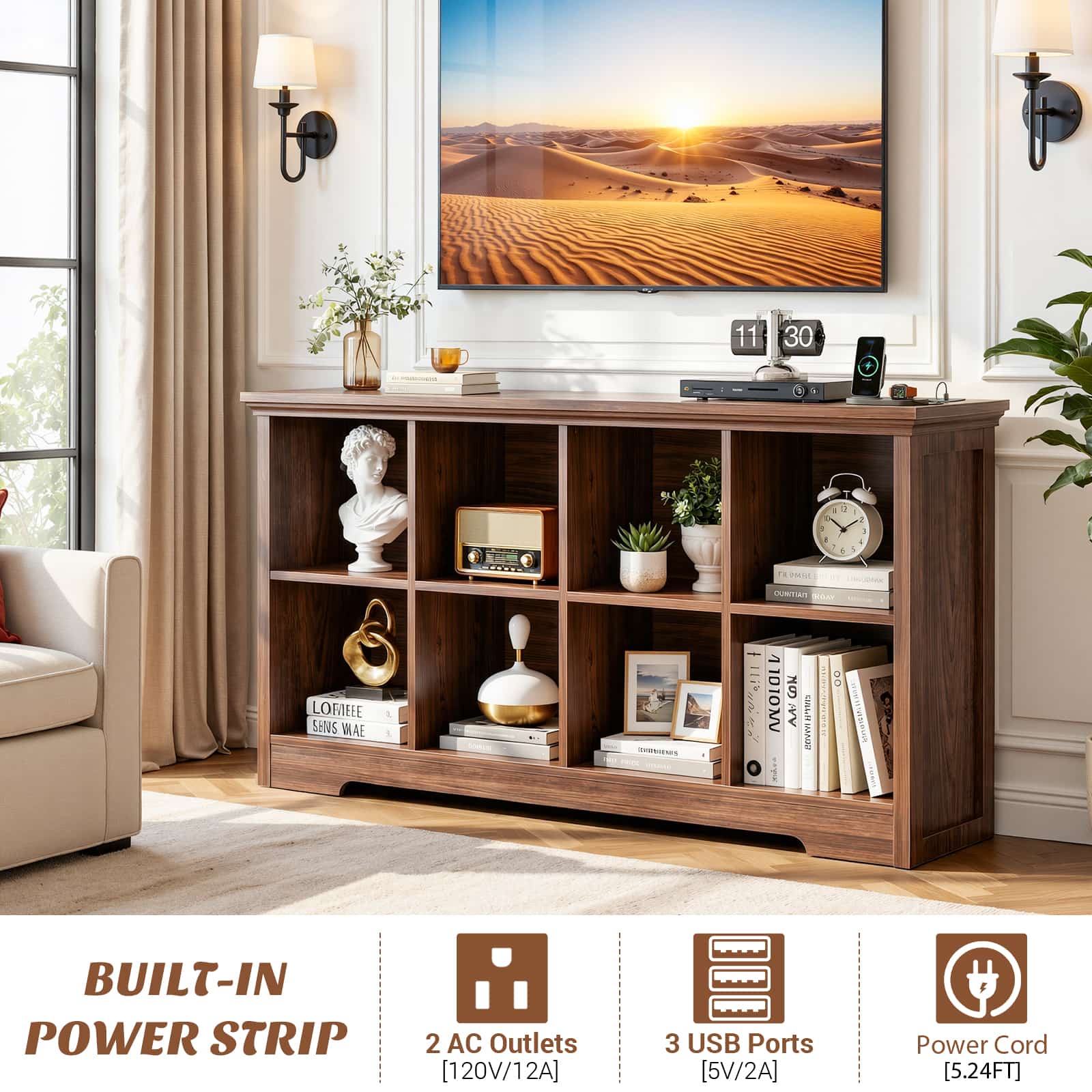 8 Cube Storage Organizer with Charging Station, 3-Tier Farmhouse Wooden Cube Bookcase
