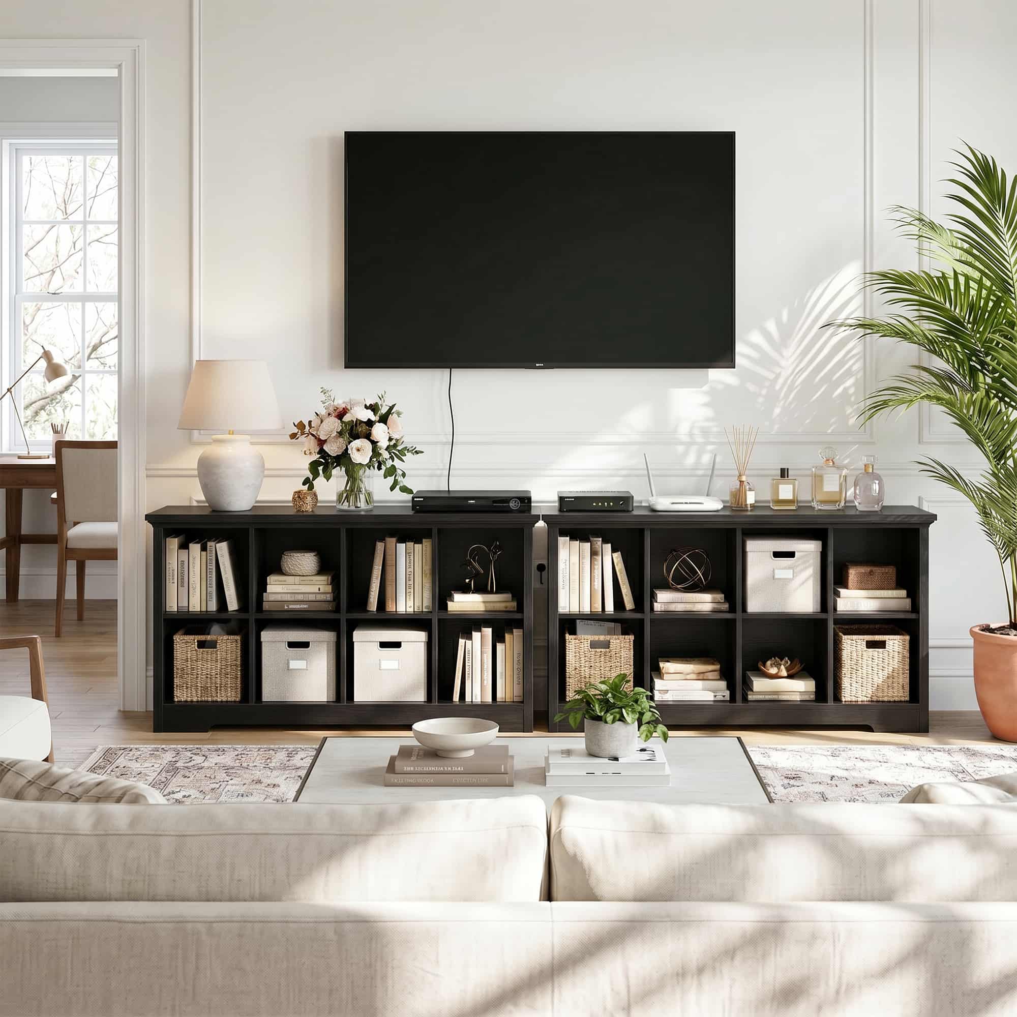 8 Cube Storage Organizer with Charging Station, 3-Tier Farmhouse Wooden Cube Bookcase