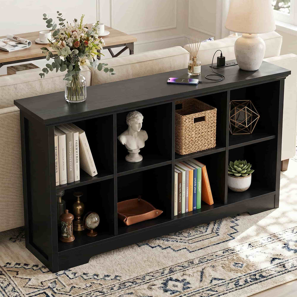 8 Cube Storage Organizer with Charging Station, 3-Tier Farmhouse Wooden Cube Bookcase