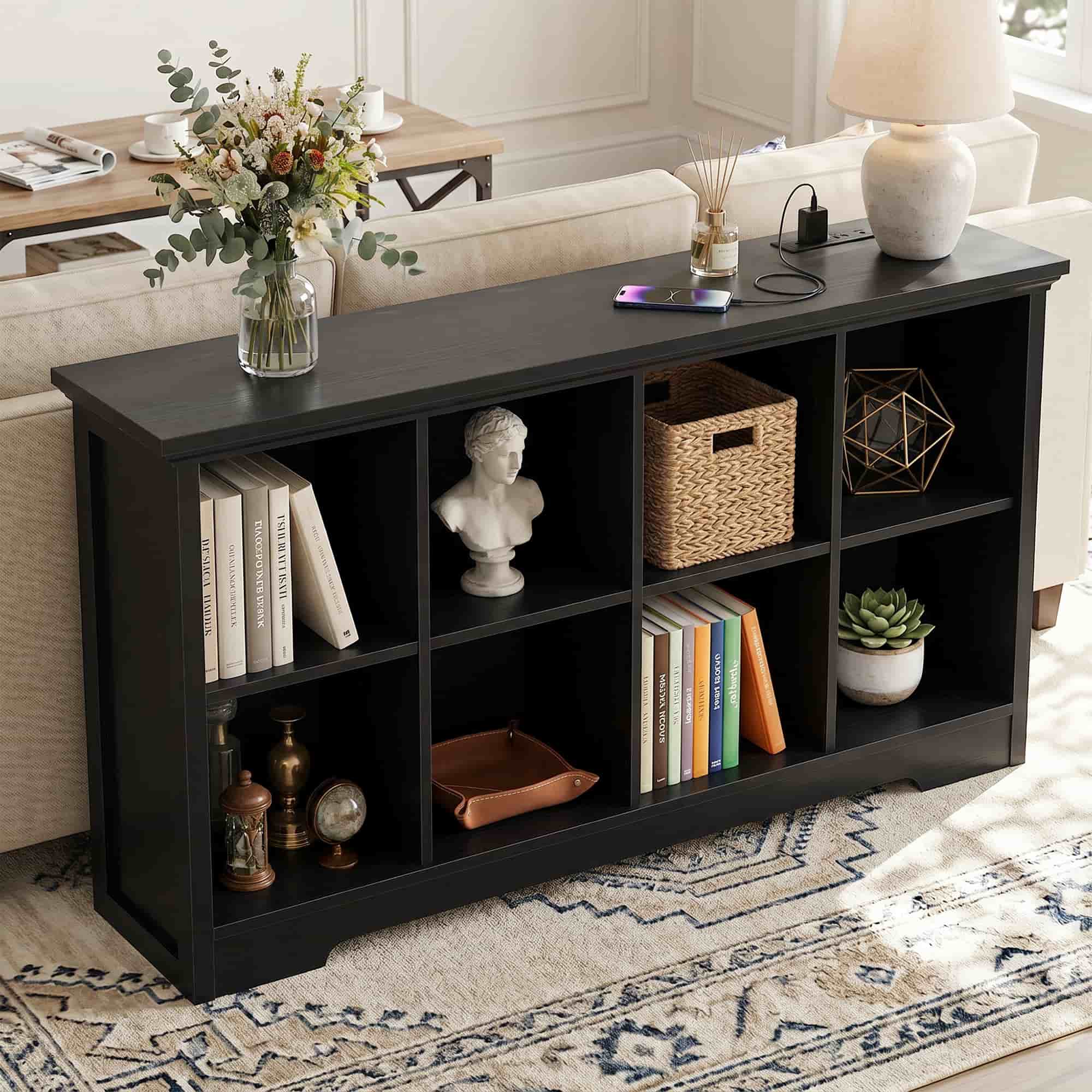 8 Cube Storage Organizer with Charging Station, 3-Tier Farmhouse Wooden Cube Bookcase