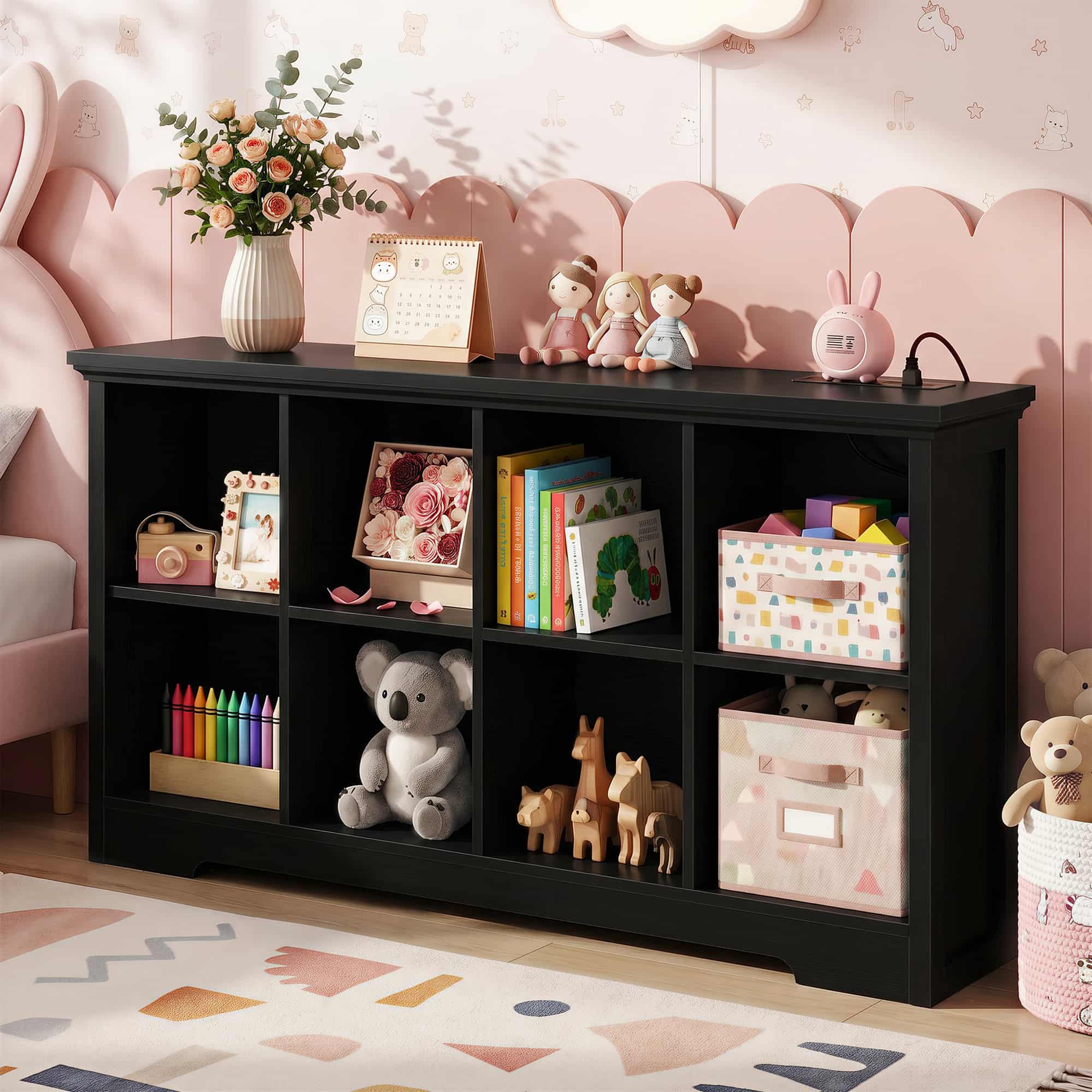 8 Cube Storage Organizer with Charging Station, 3-Tier Farmhouse Wooden Cube Bookcase