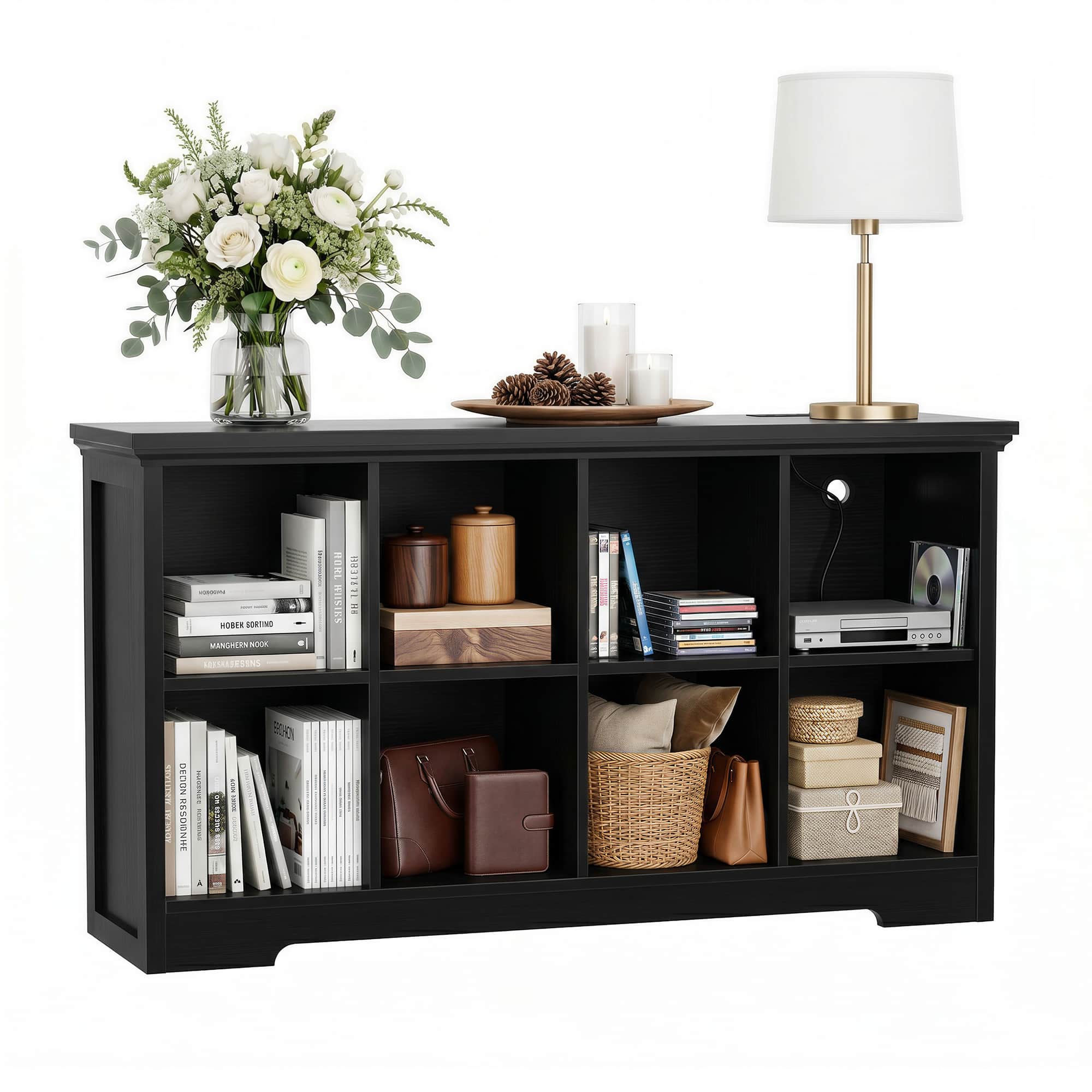 8 Cube Storage Organizer with Charging Station, 3-Tier Farmhouse Wooden Cube Bookcase