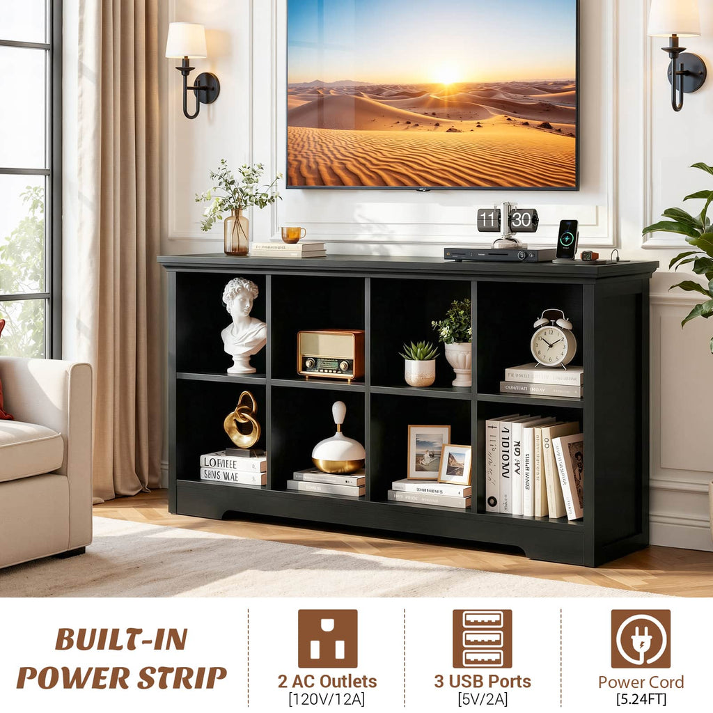 8 Cube Storage Organizer with Charging Station, 3-Tier Farmhouse Wooden Cube Bookcase
