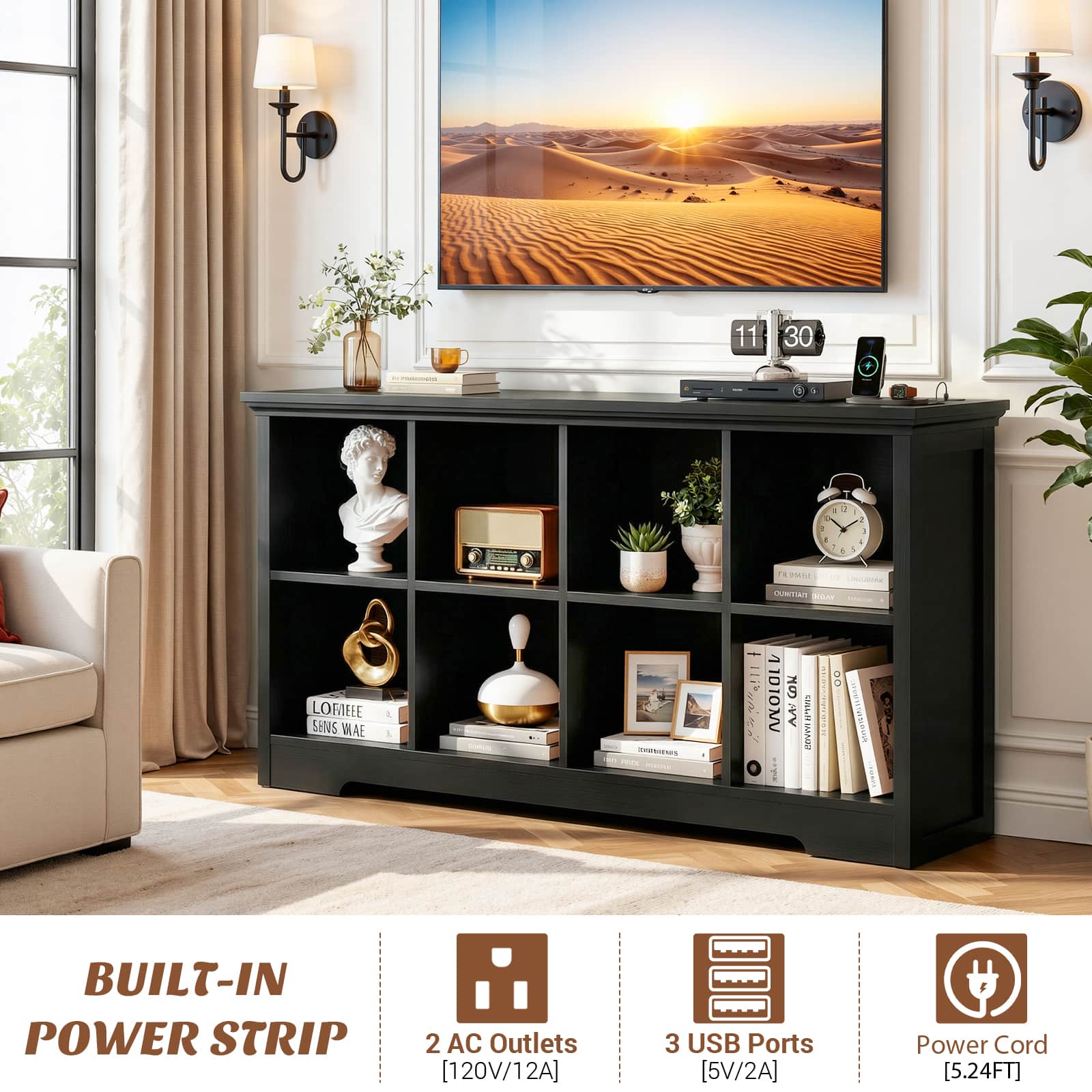 8 Cube Storage Organizer with Charging Station, 3-Tier Farmhouse Wooden Cube Bookcase
