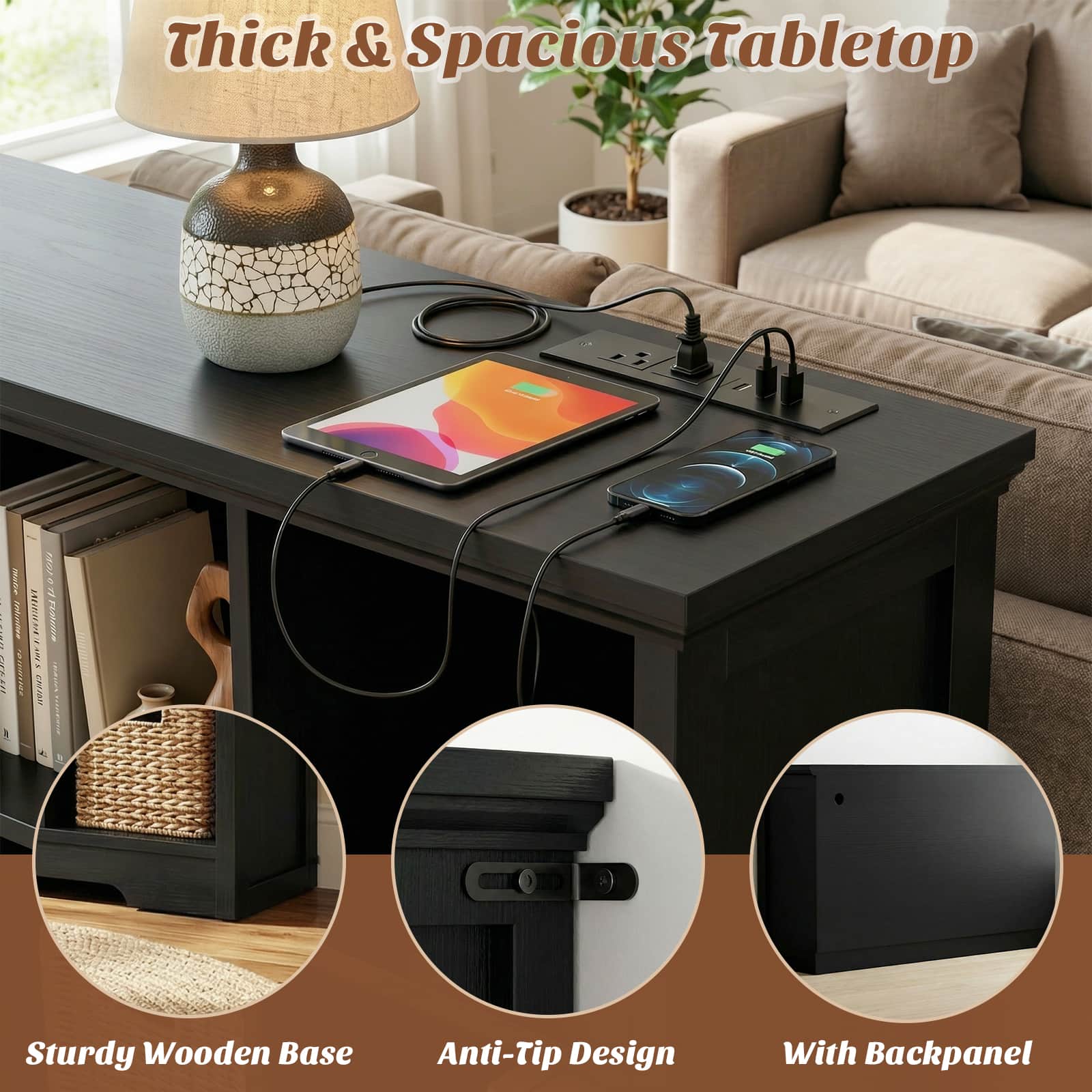 8 Cube Storage Organizer with Charging Station, 3-Tier Farmhouse Wooden Cube Bookcase