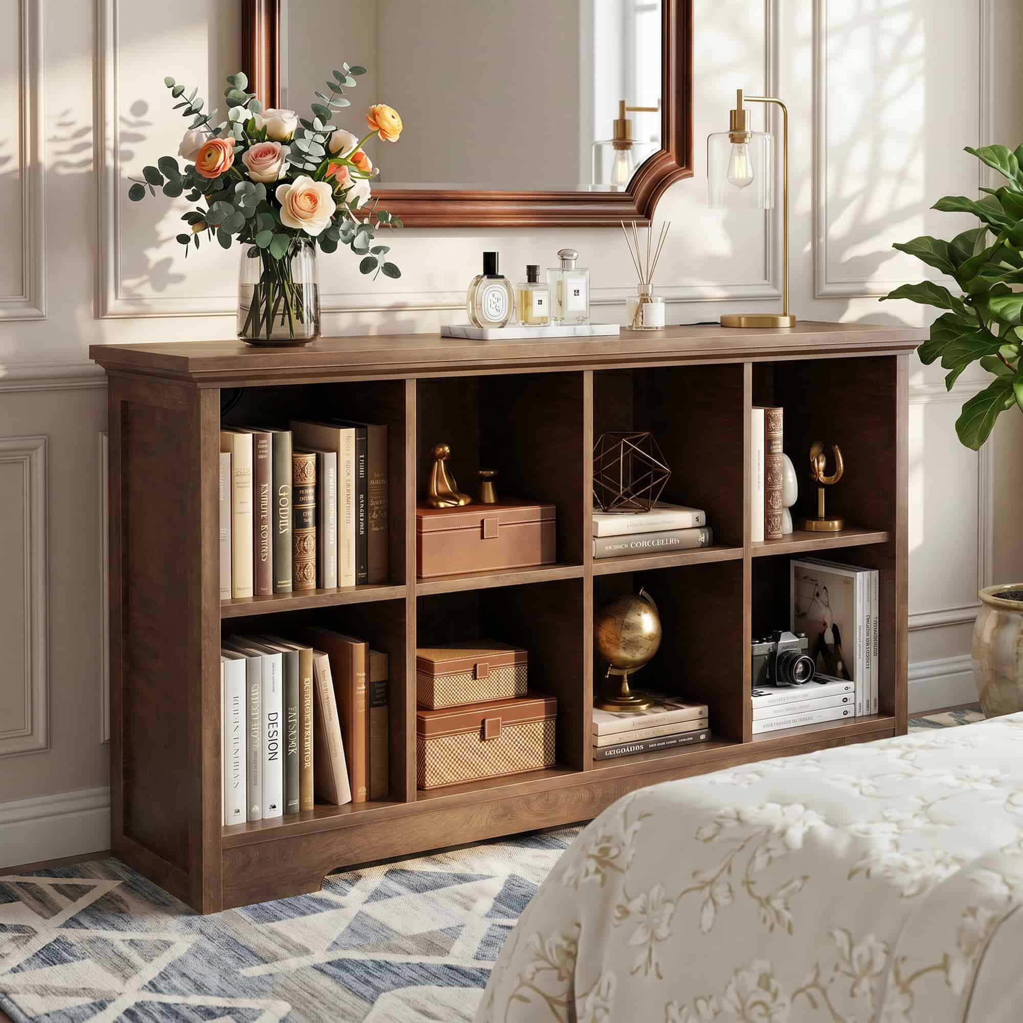 8 Cube Storage Organizer with Charging Station, 3-Tier Farmhouse Wooden Cube Bookcase