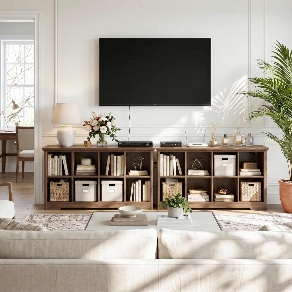 8 Cube Storage Organizer with Charging Station, 3-Tier Farmhouse Wooden Cube Bookcase