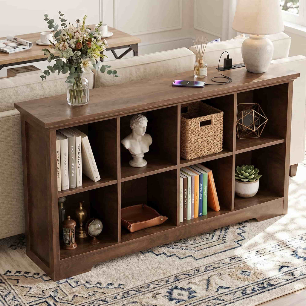 8 Cube Storage Organizer with Charging Station, 3-Tier Farmhouse Wooden Cube Bookcase