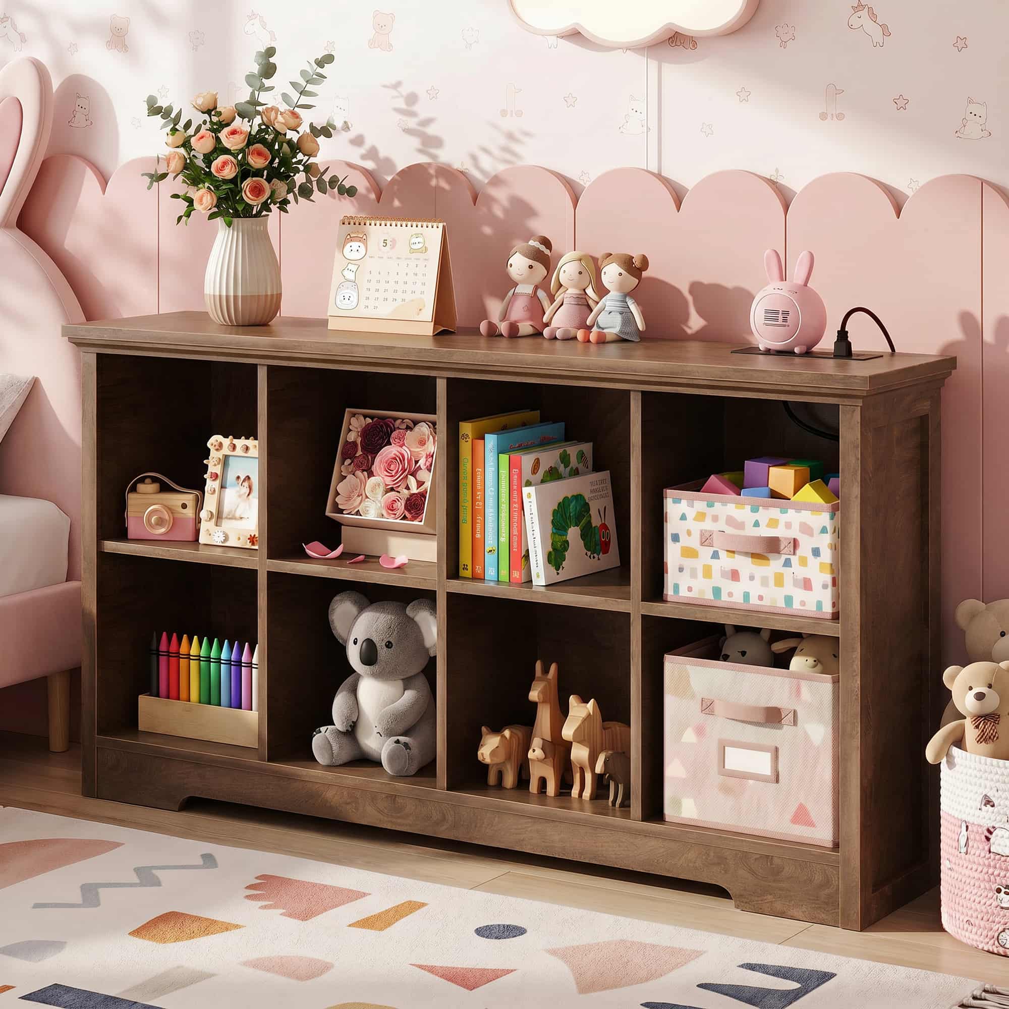 8 Cube Storage Organizer with Charging Station, 3-Tier Farmhouse Wooden Cube Bookcase