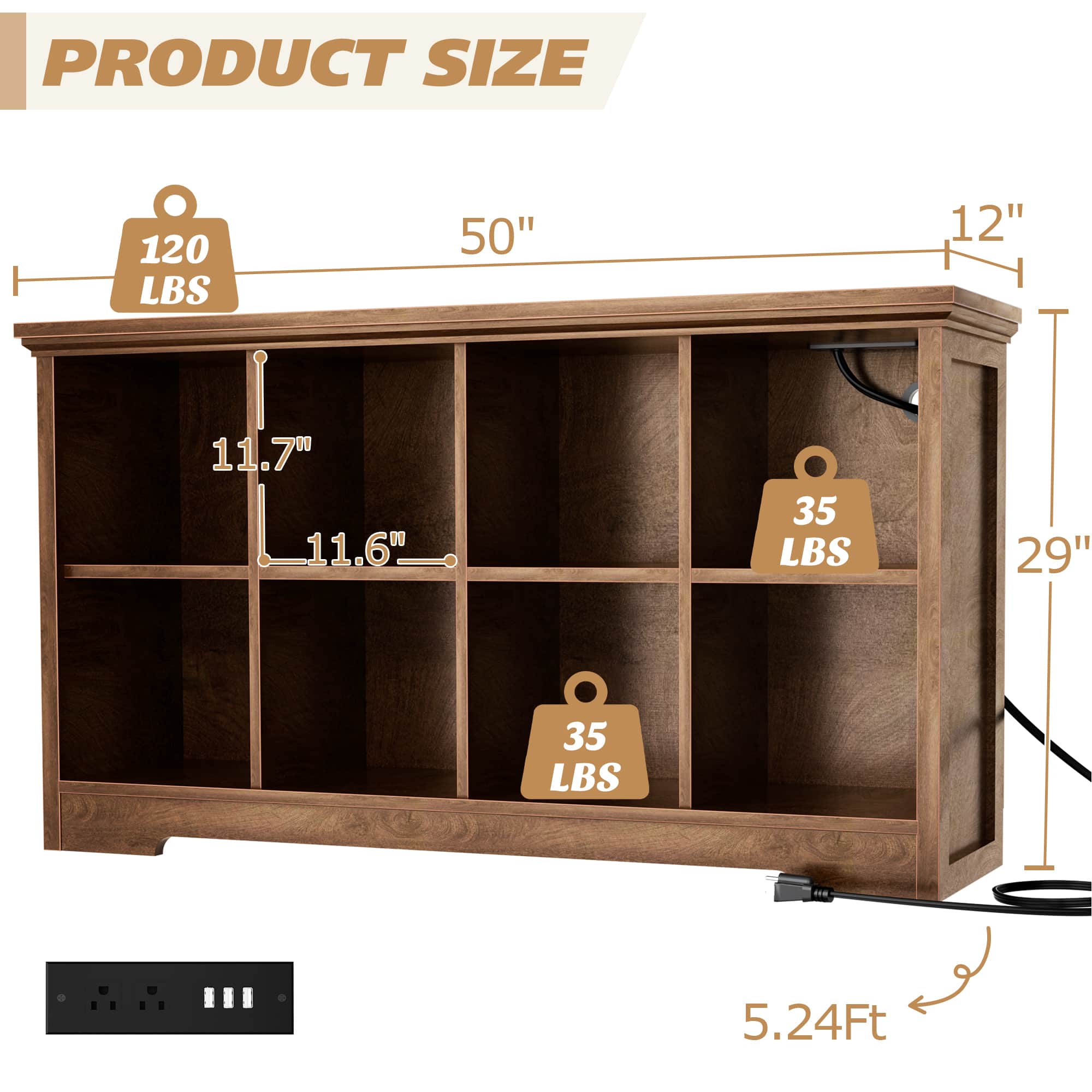 8 Cube Storage Organizer with Charging Station, 3-Tier Farmhouse Wooden Cube Bookcase