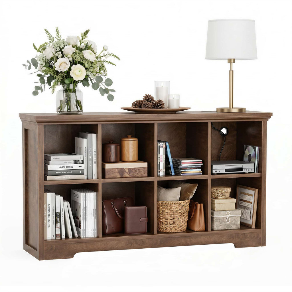 8 Cube Storage Organizer with Charging Station, 3-Tier Farmhouse Wooden Cube Bookcase
