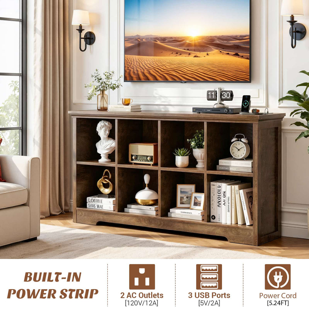 8 Cube Storage Organizer with Charging Station, 3-Tier Farmhouse Wooden Cube Bookcase