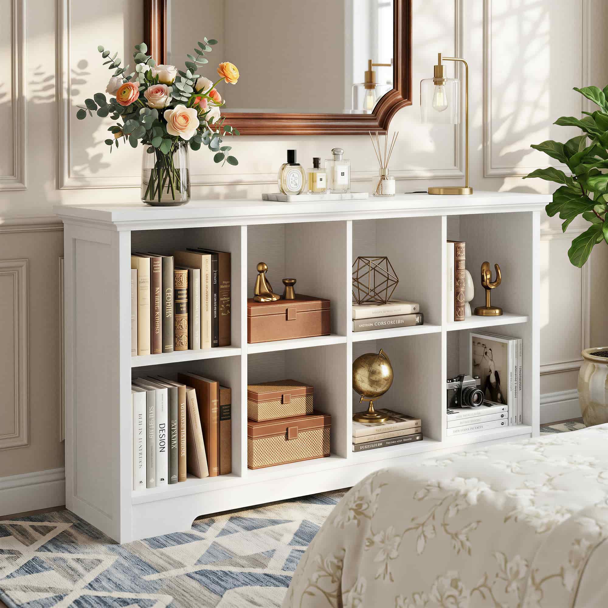 8 Cube Storage Organizer with Charging Station, 3-Tier Farmhouse Wooden Cube Bookcase