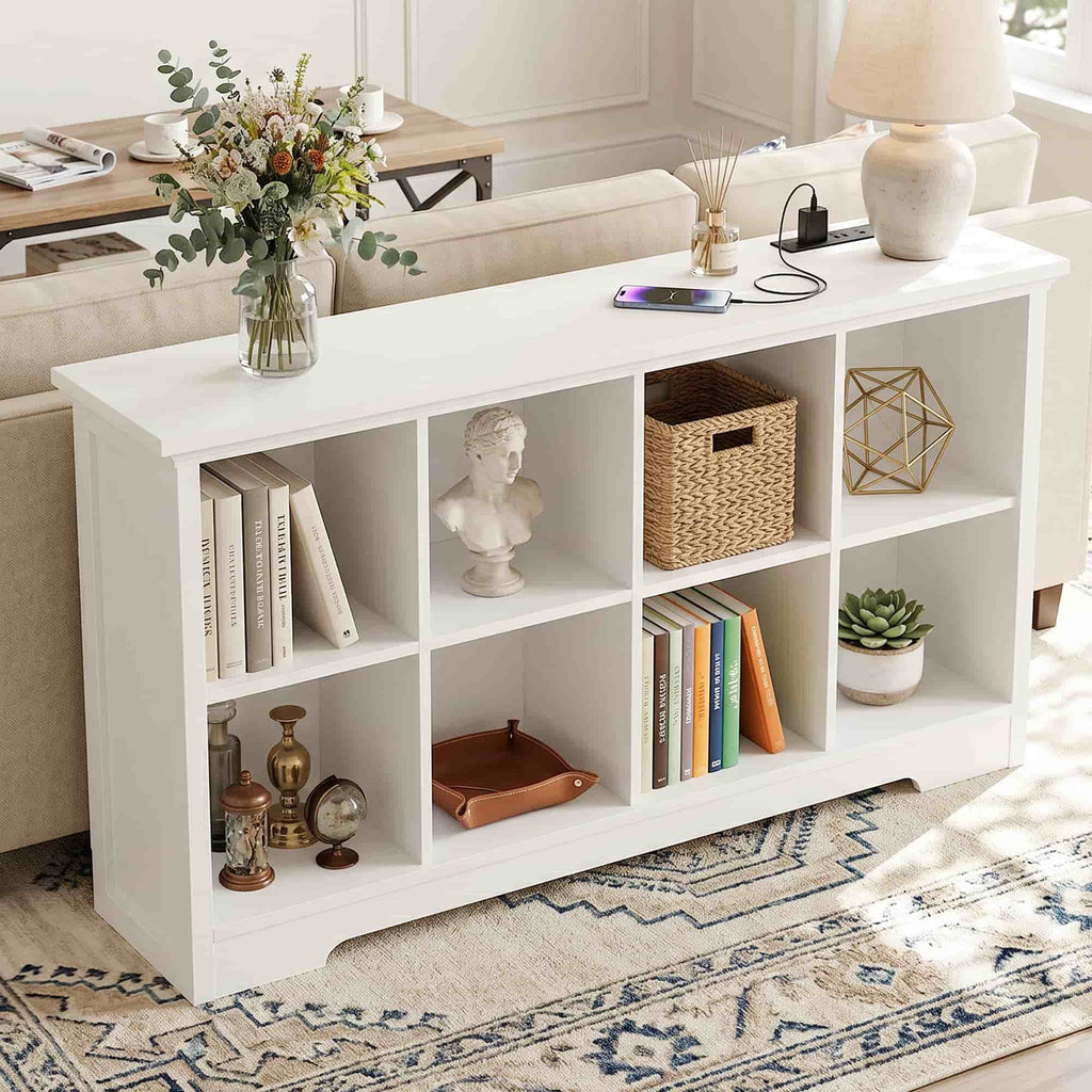 8 Cube Storage Organizer with Charging Station, 3-Tier Farmhouse Wooden Cube Bookcase