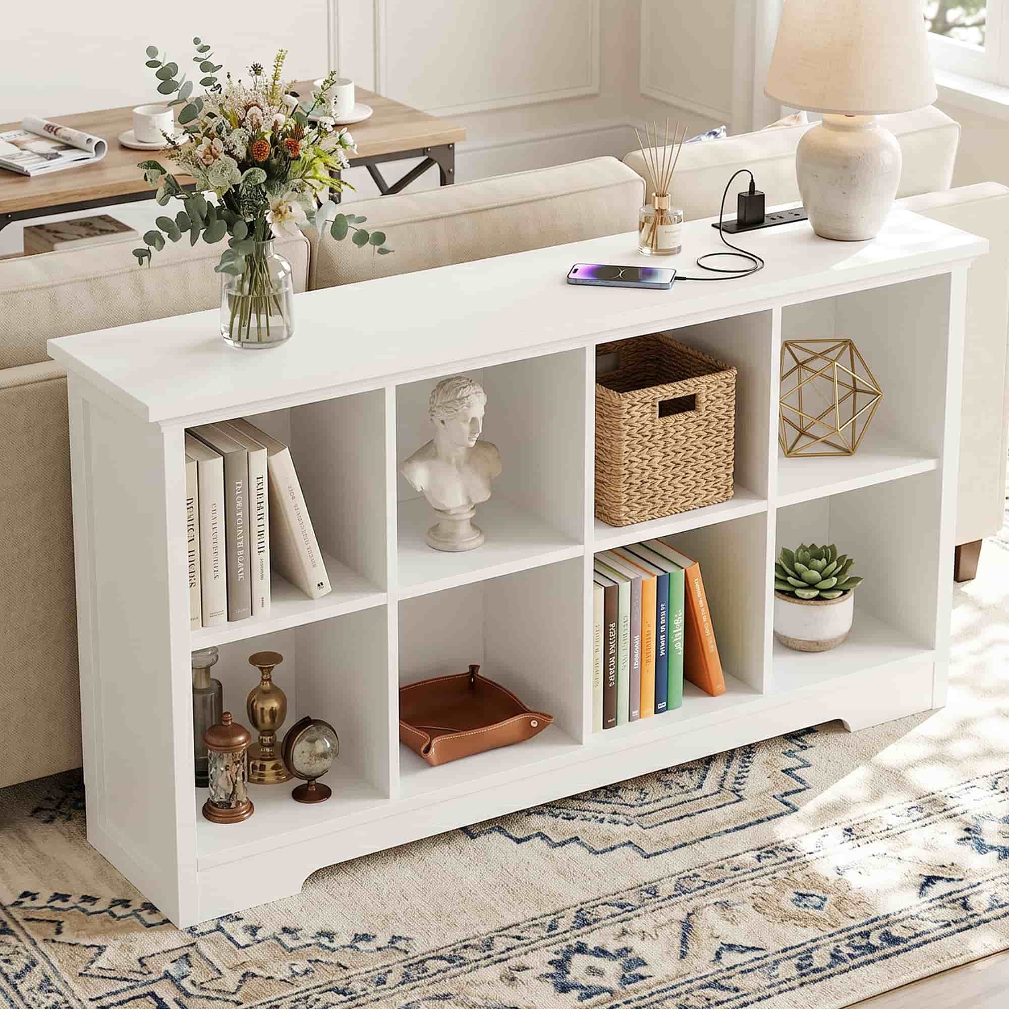 8 Cube Storage Organizer with Charging Station, 3-Tier Farmhouse Wooden Cube Bookcase