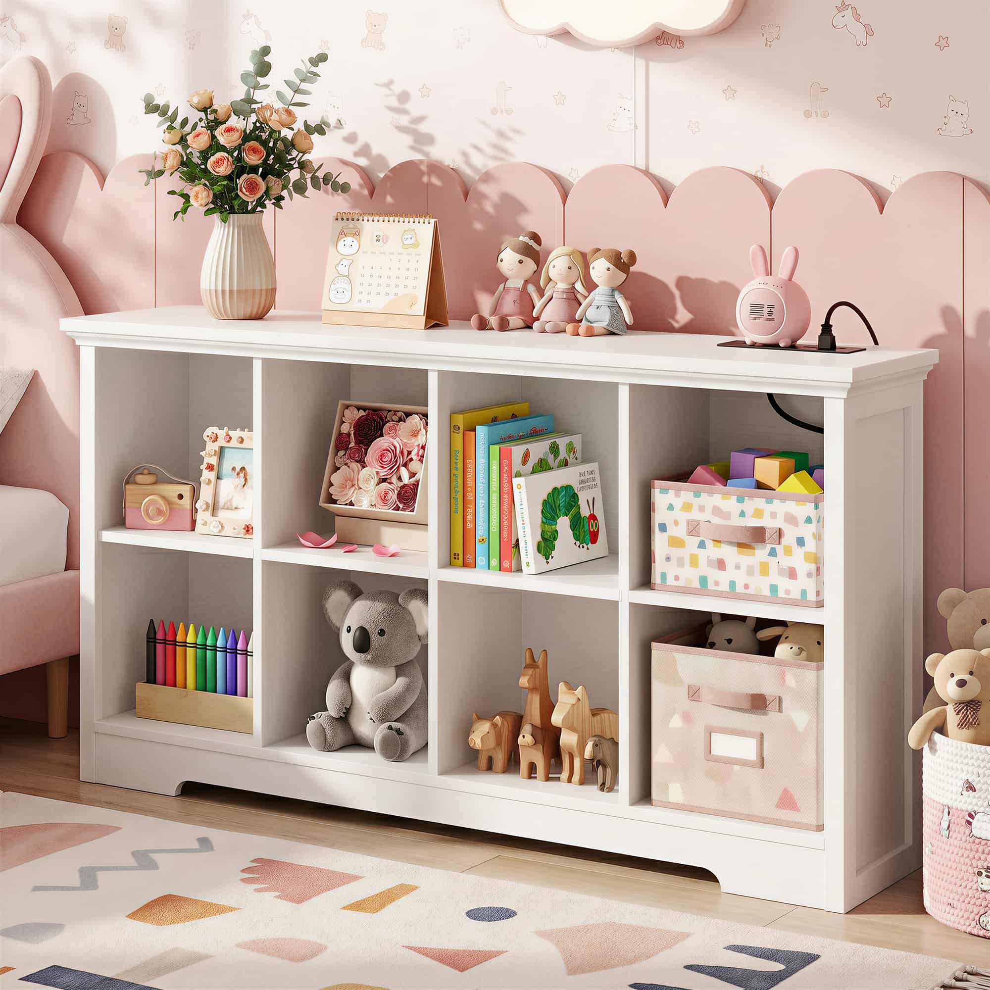 8 Cube Storage Organizer with Charging Station, 3-Tier Farmhouse Wooden Cube Bookcase