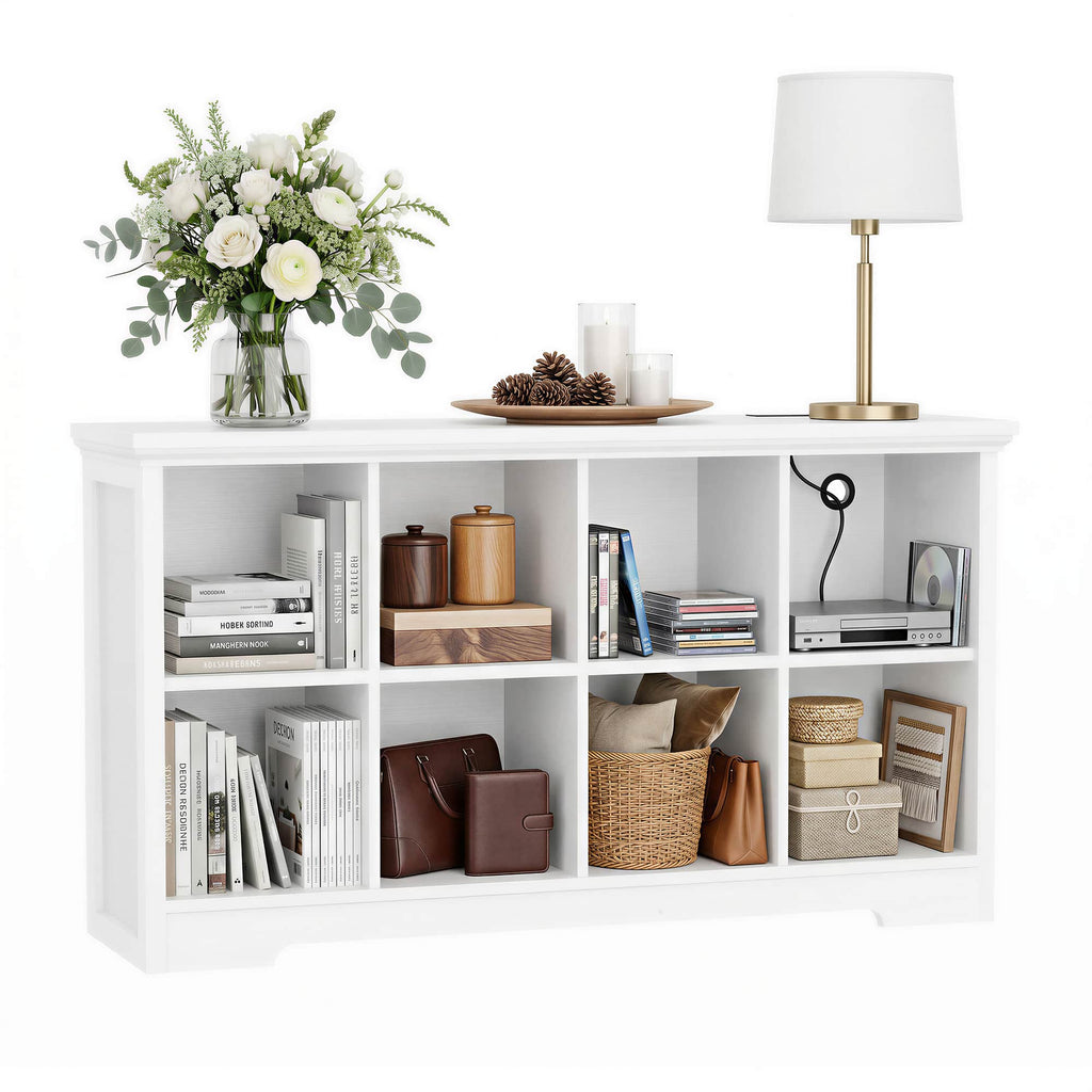 8 Cube Storage Organizer with Charging Station, 3-Tier Farmhouse Wooden Cube Bookcase