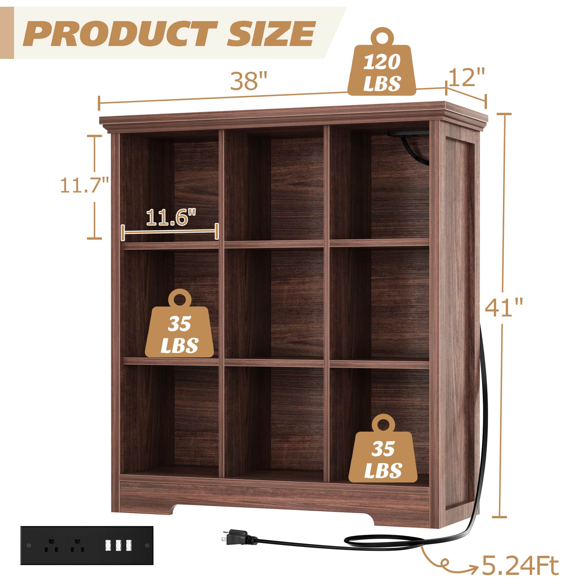 38.6'' Wide 9 Cube Storage Organizer with Charging Station