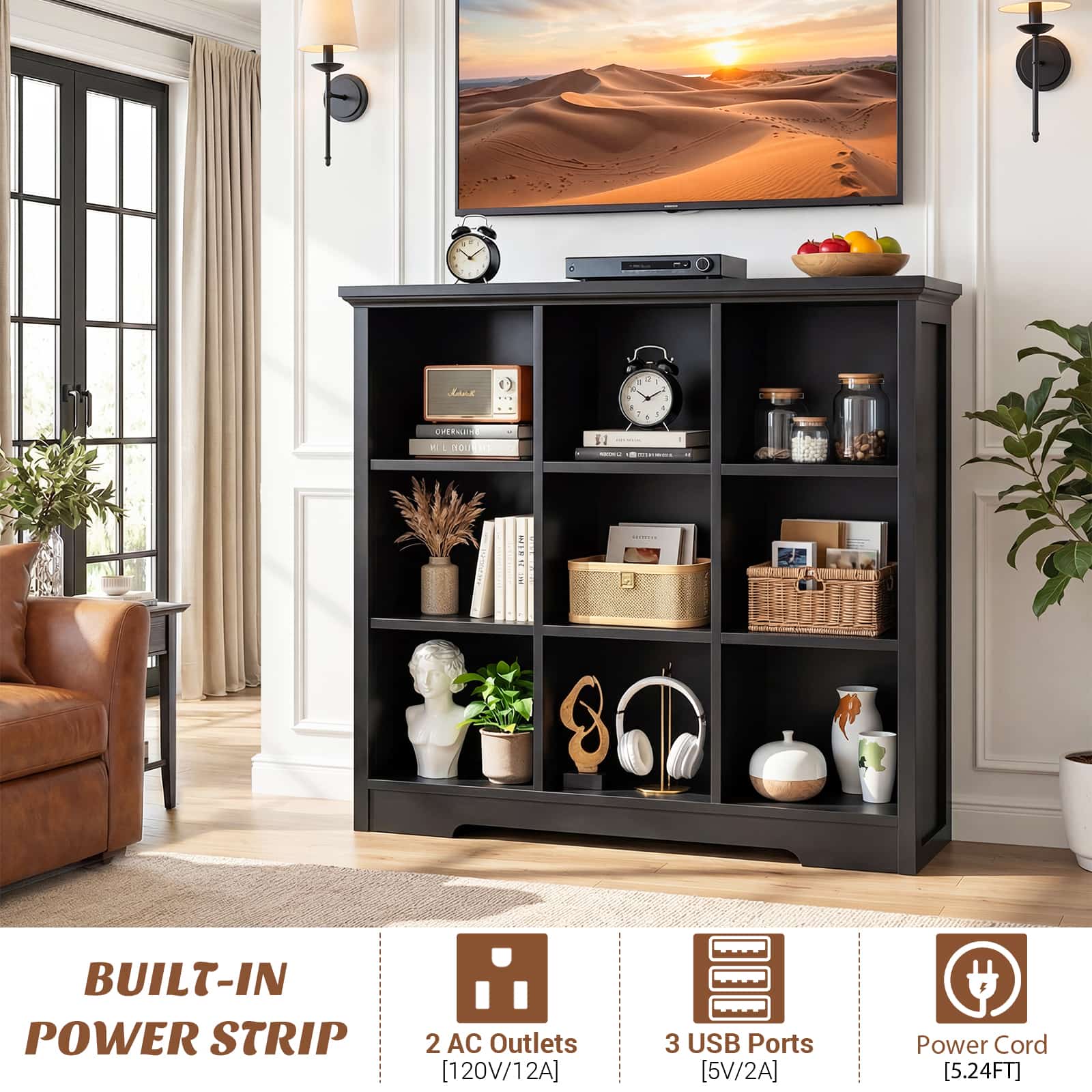 38.6'' Wide 9 Cube Storage Organizer with Charging Station
