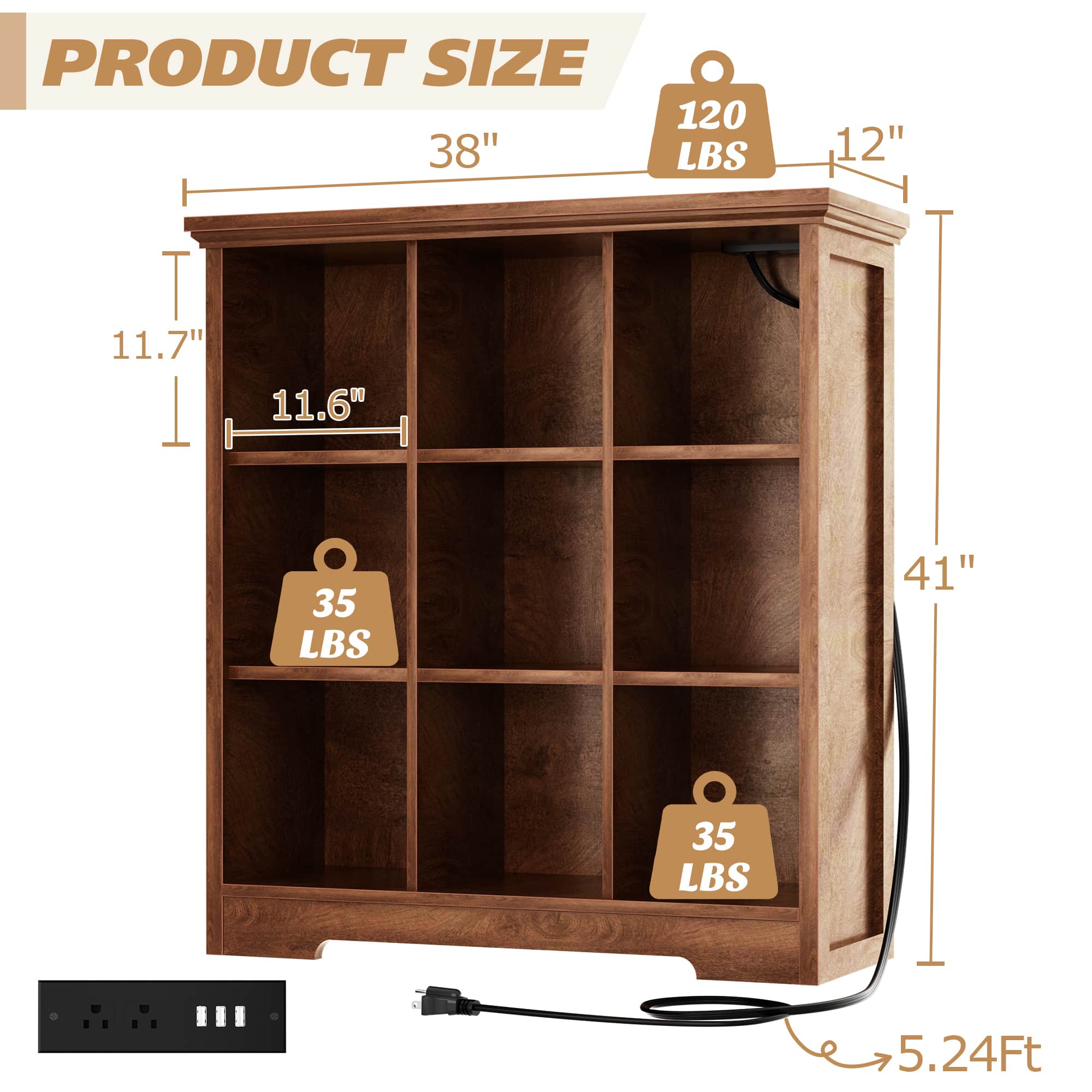 38.6'' Wide 9 Cube Storage Organizer with Charging Station