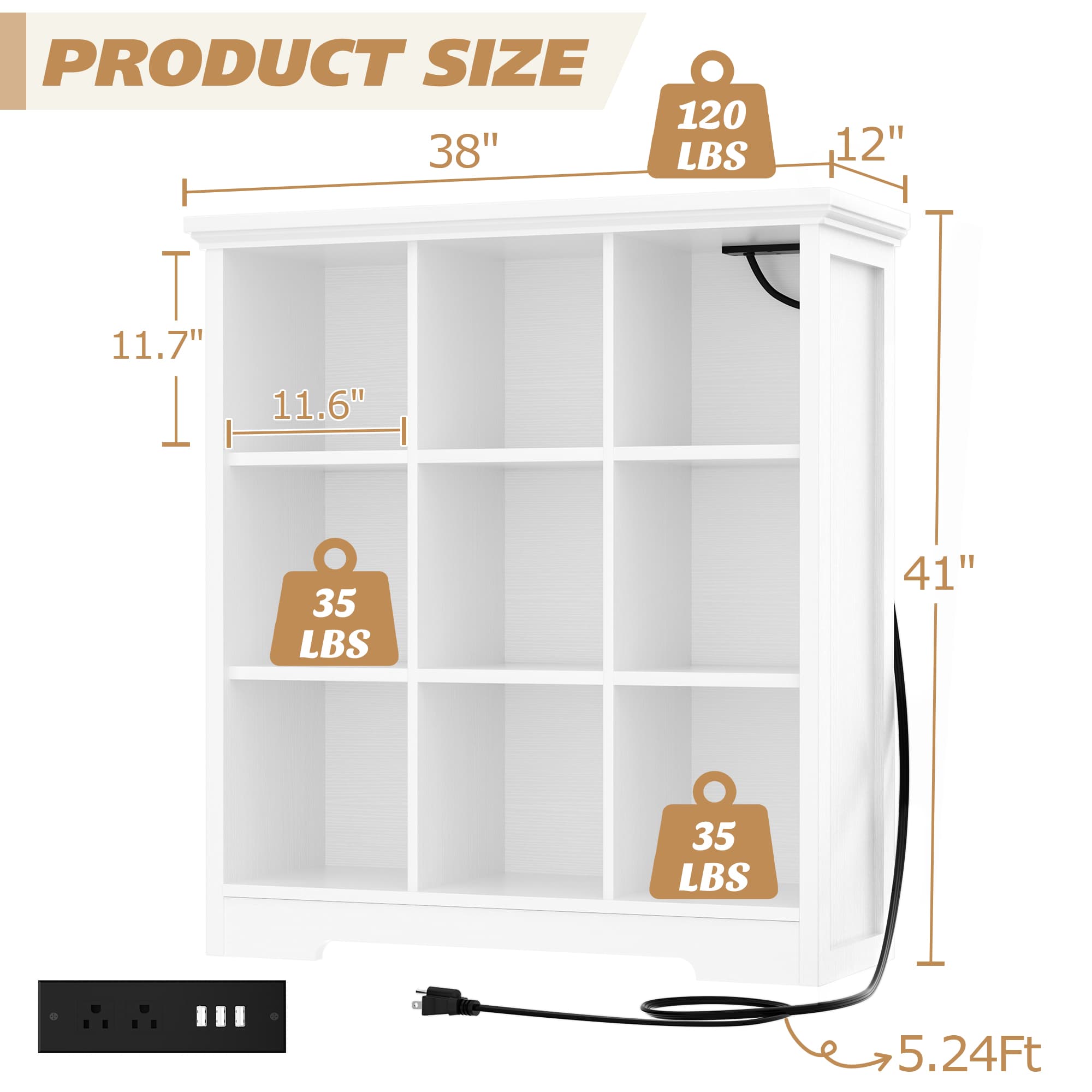 38.6'' Wide 9 Cube Storage Organizer with Charging Station