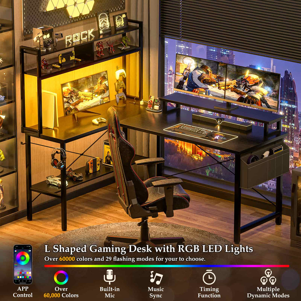 49'' Reversible Computer Gaming Desk with Hutch and Charging Station