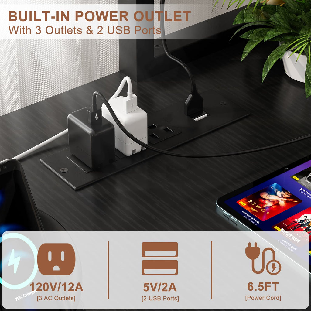 49'' Reversible Computer Gaming Desk with Hutch and Charging Station