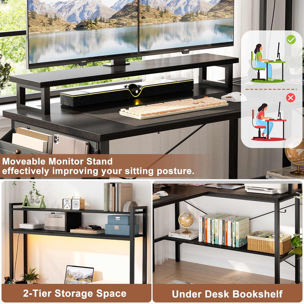 49'' Reversible Computer Gaming Desk with Hutch and Charging Station