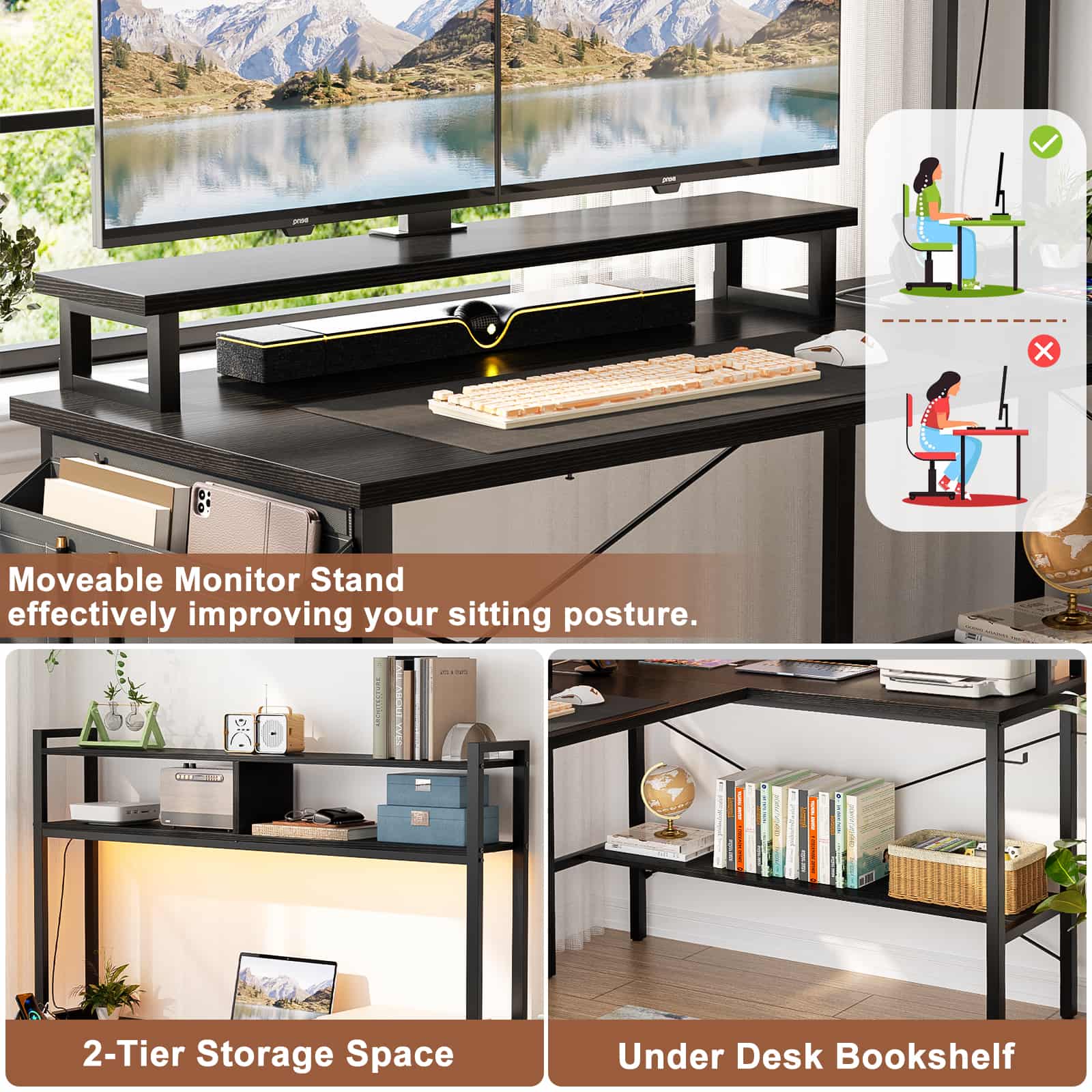 49'' Reversible Computer Gaming Desk with Hutch and Charging Station