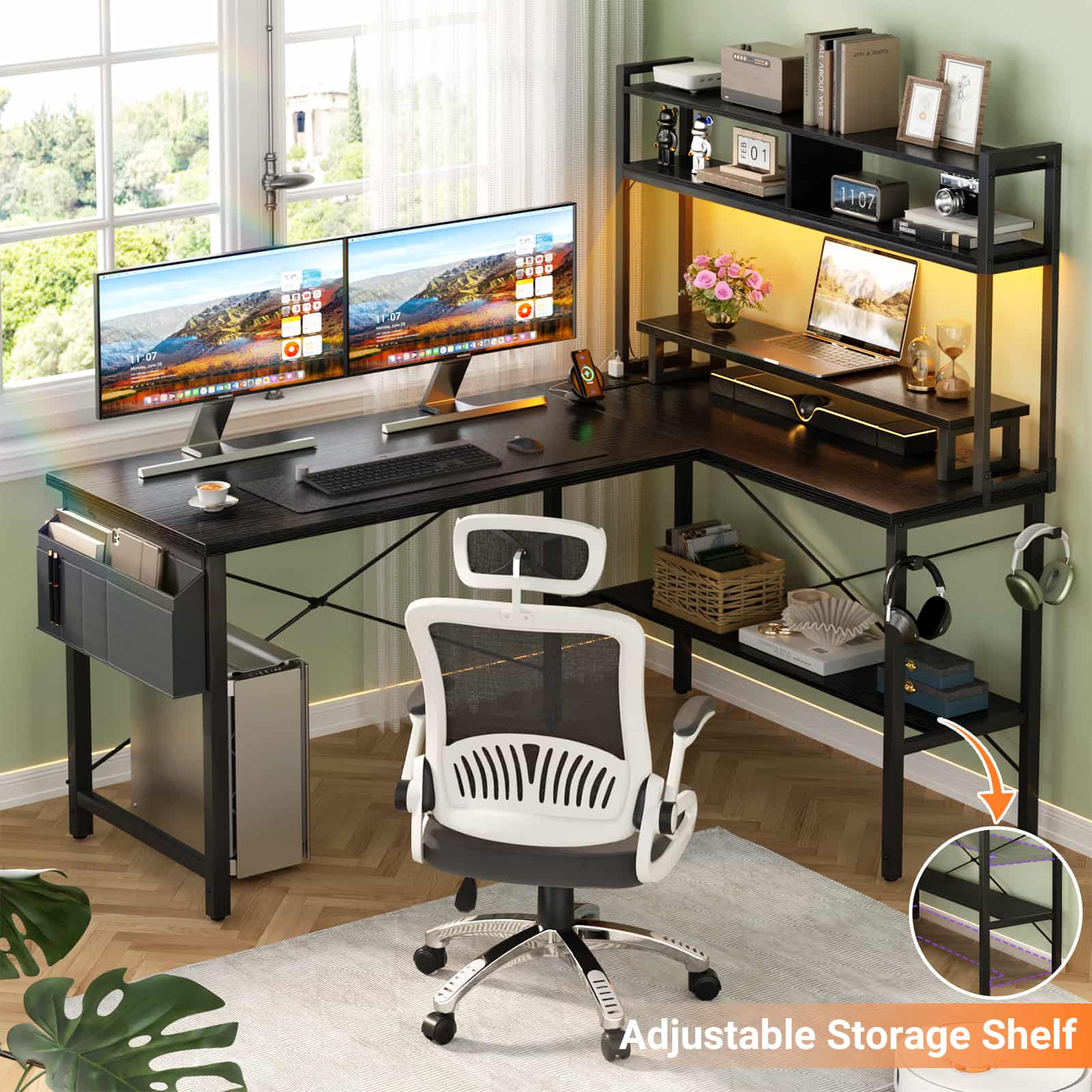 49'' Reversible Computer Gaming Desk with Hutch and Charging Station