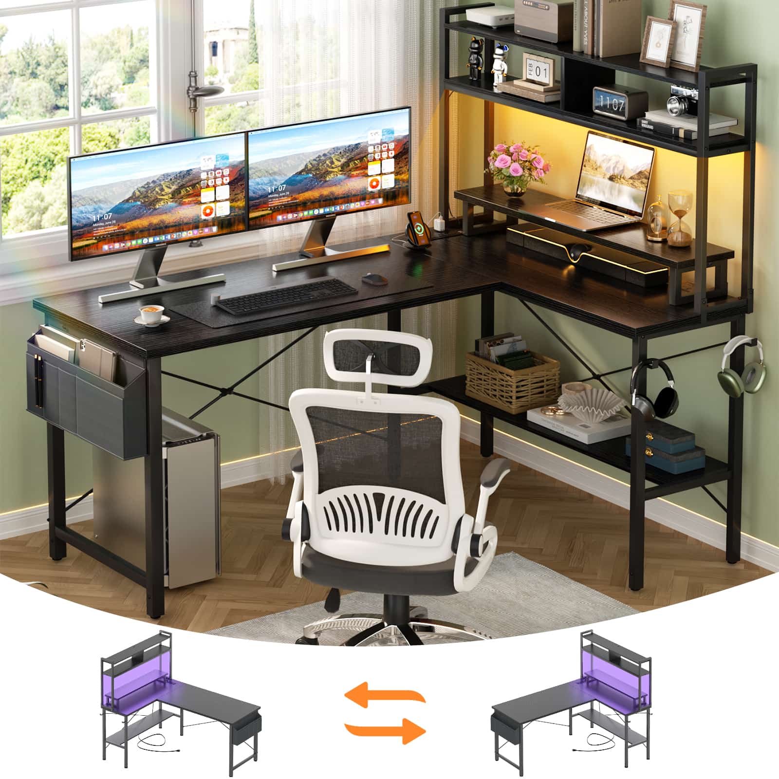 49'' Reversible Computer Gaming Desk with Hutch and Charging Station