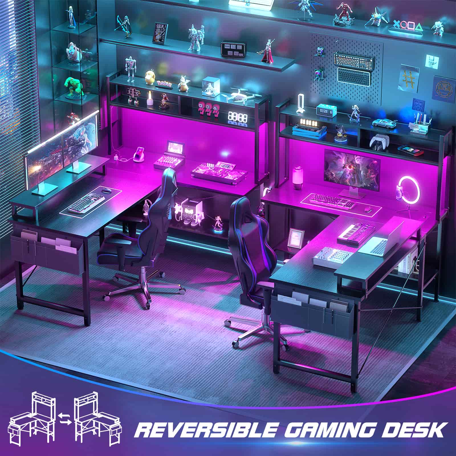 49'' Reversible Computer Gaming Desk with Hutch and Charging Station