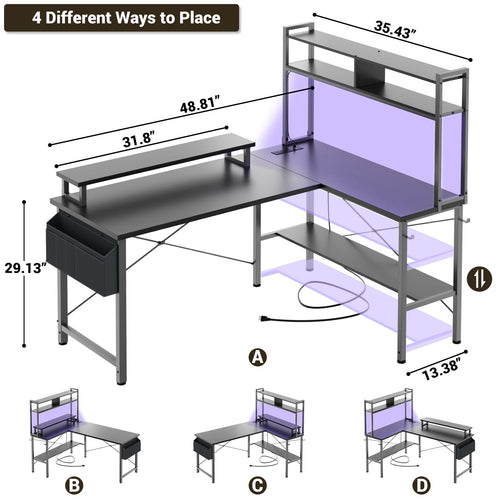 49'' Reversible Computer Gaming Desk with Hutch and Charging Station