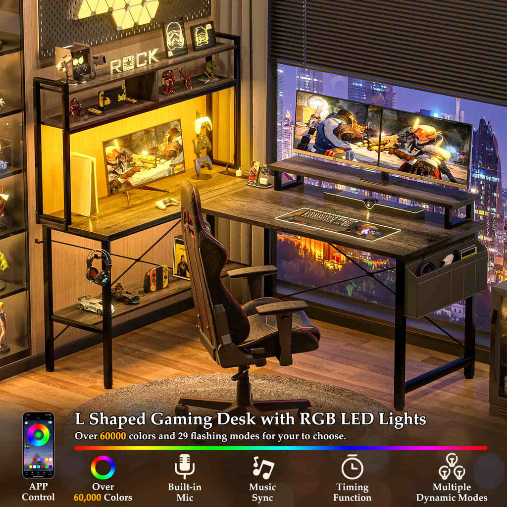 49'' Reversible Computer Gaming Desk with Hutch and Charging Station