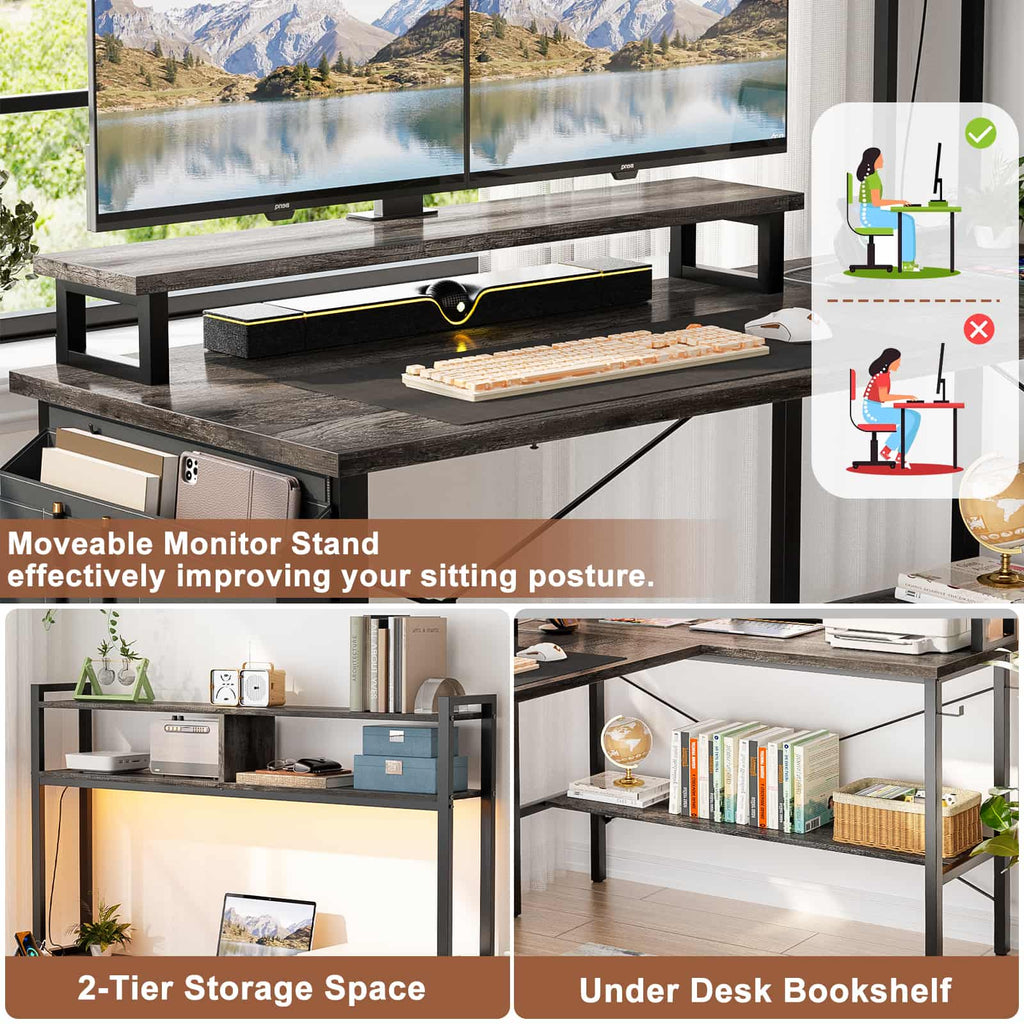 49'' Reversible Computer Gaming Desk with Hutch and Charging Station