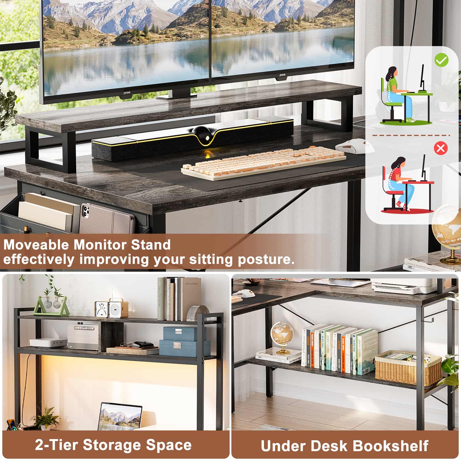 49'' Reversible Computer Gaming Desk with Hutch and Charging Station