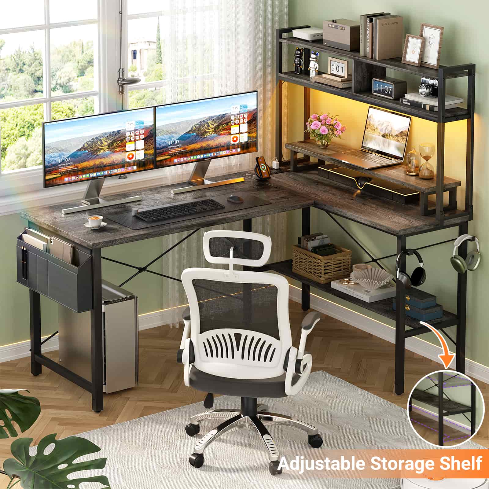49'' Reversible Computer Gaming Desk with Hutch and Charging Station