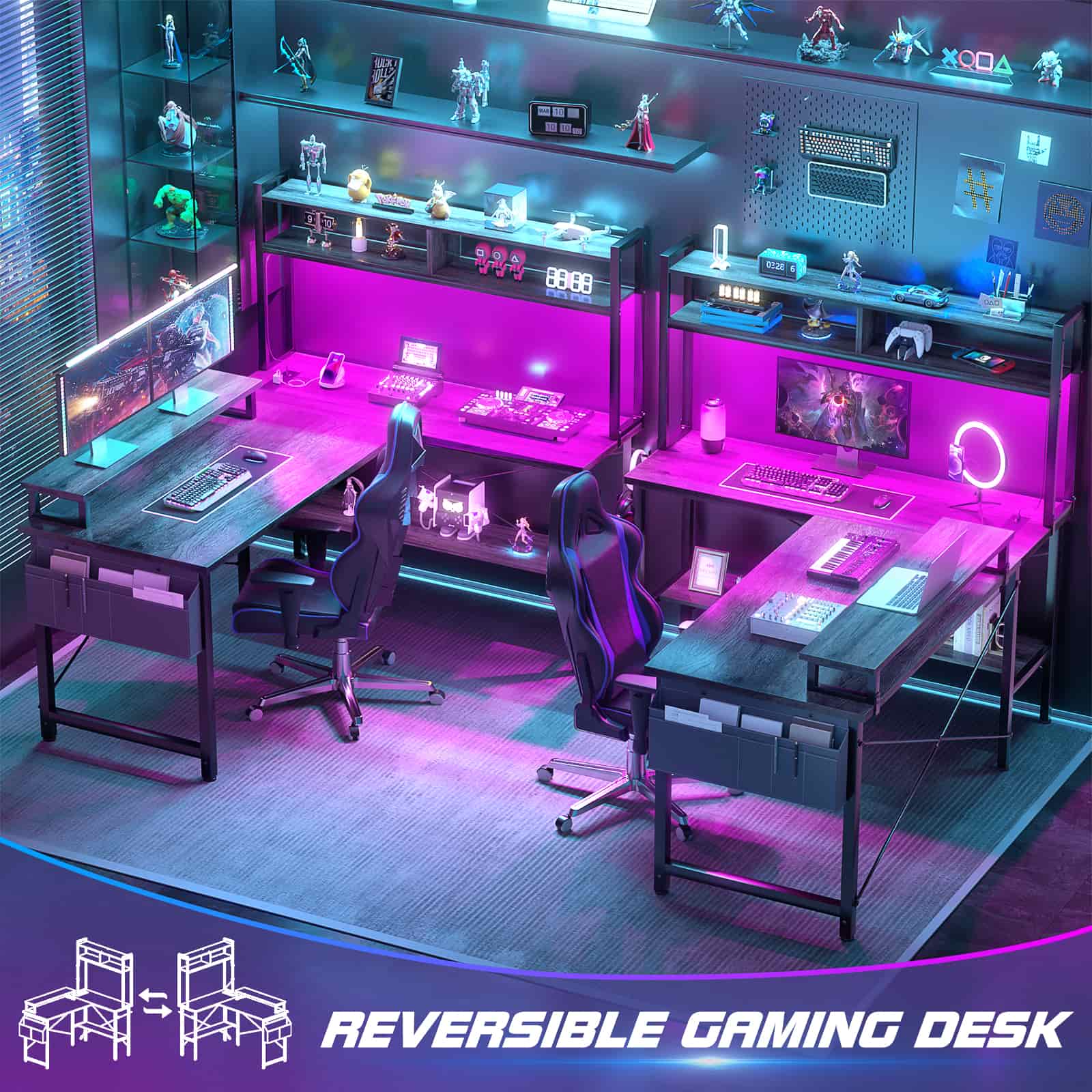 49'' Reversible Computer Gaming Desk with Hutch and Charging Station