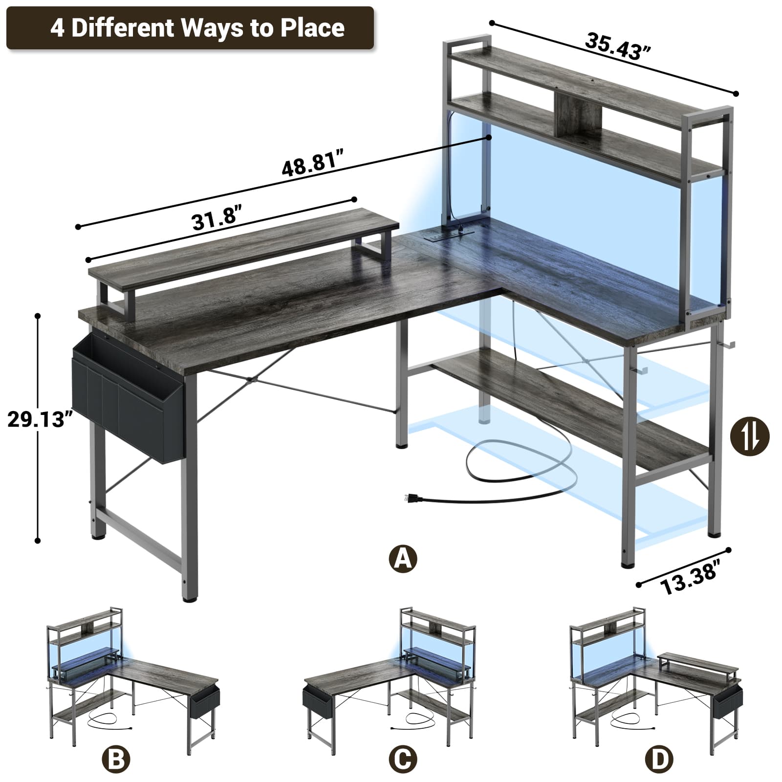 49'' Reversible Computer Gaming Desk with Hutch and Charging Station