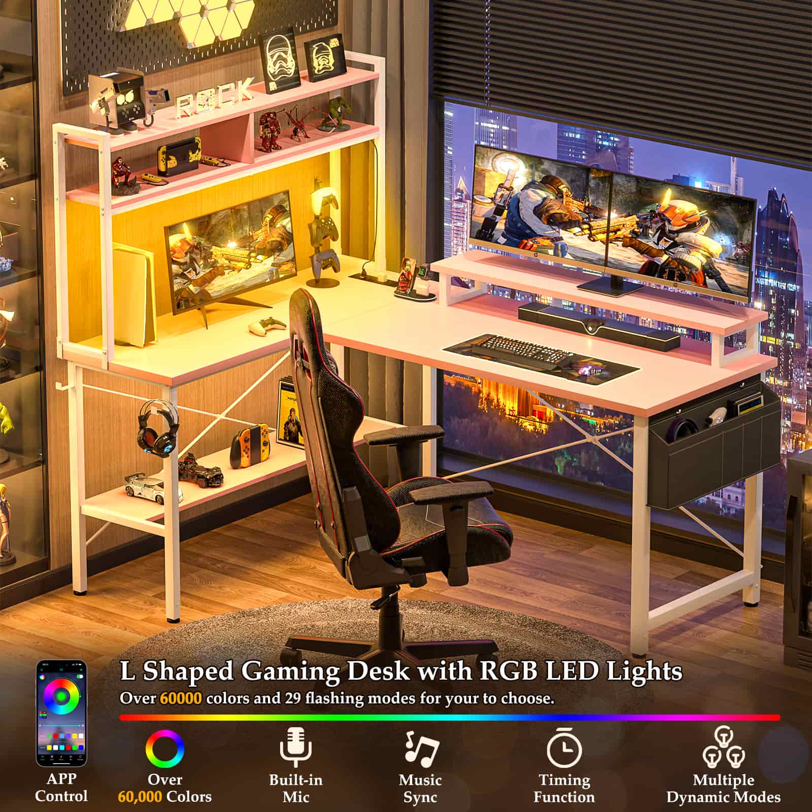 49'' Reversible Computer Gaming Desk with Hutch and Charging Station
