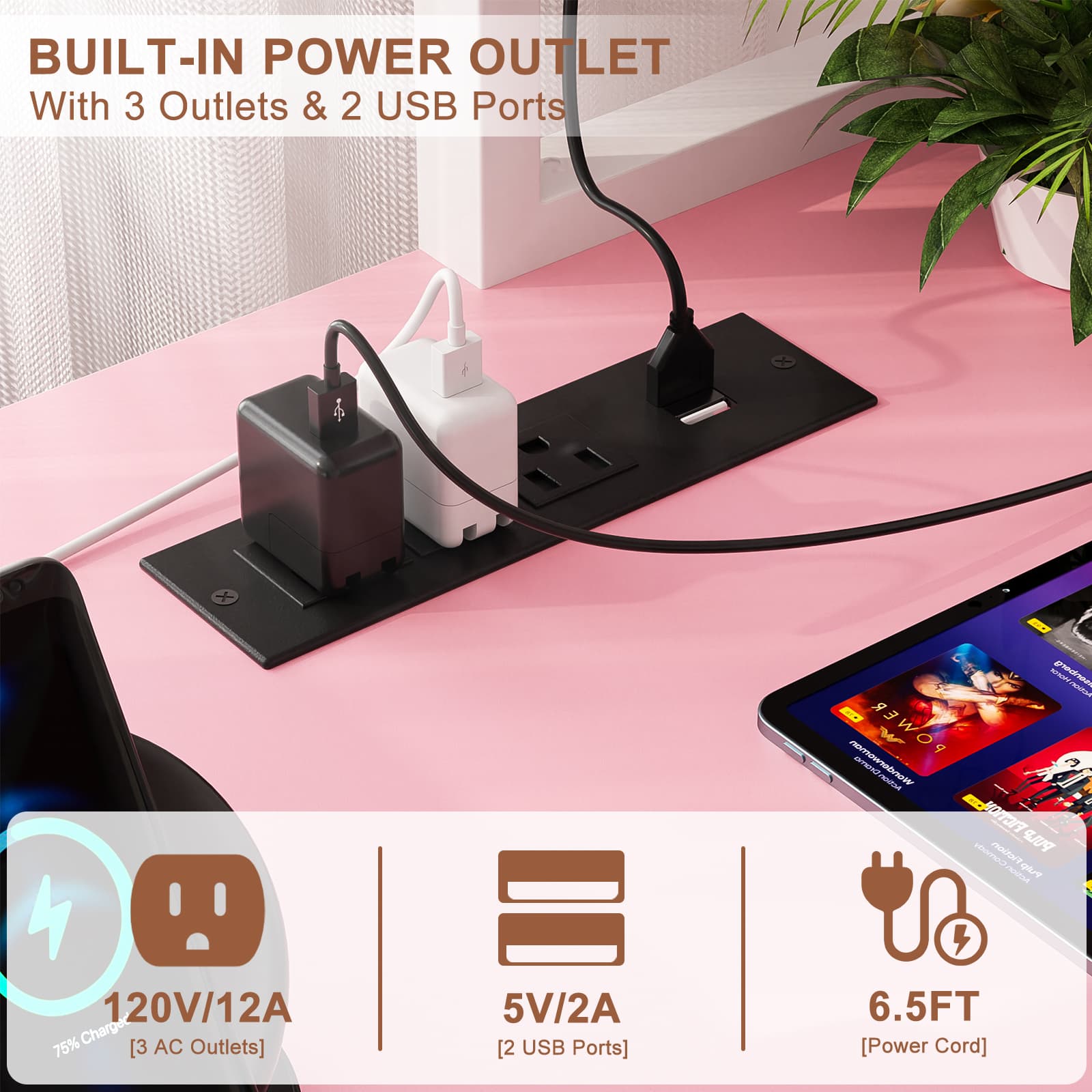 49'' Reversible Computer Gaming Desk with Hutch and Charging Station