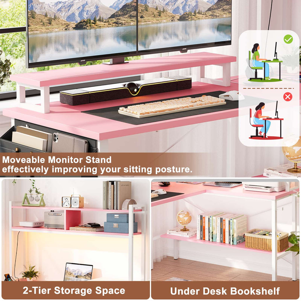 49'' Reversible Computer Gaming Desk with Hutch and Charging Station