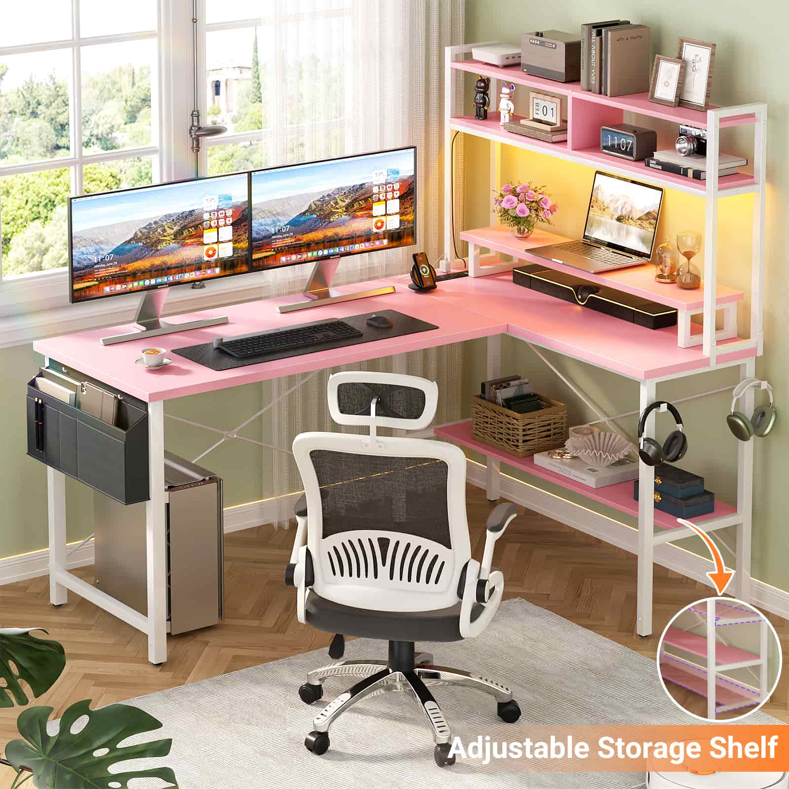 49'' Reversible Computer Gaming Desk with Hutch and Charging Station