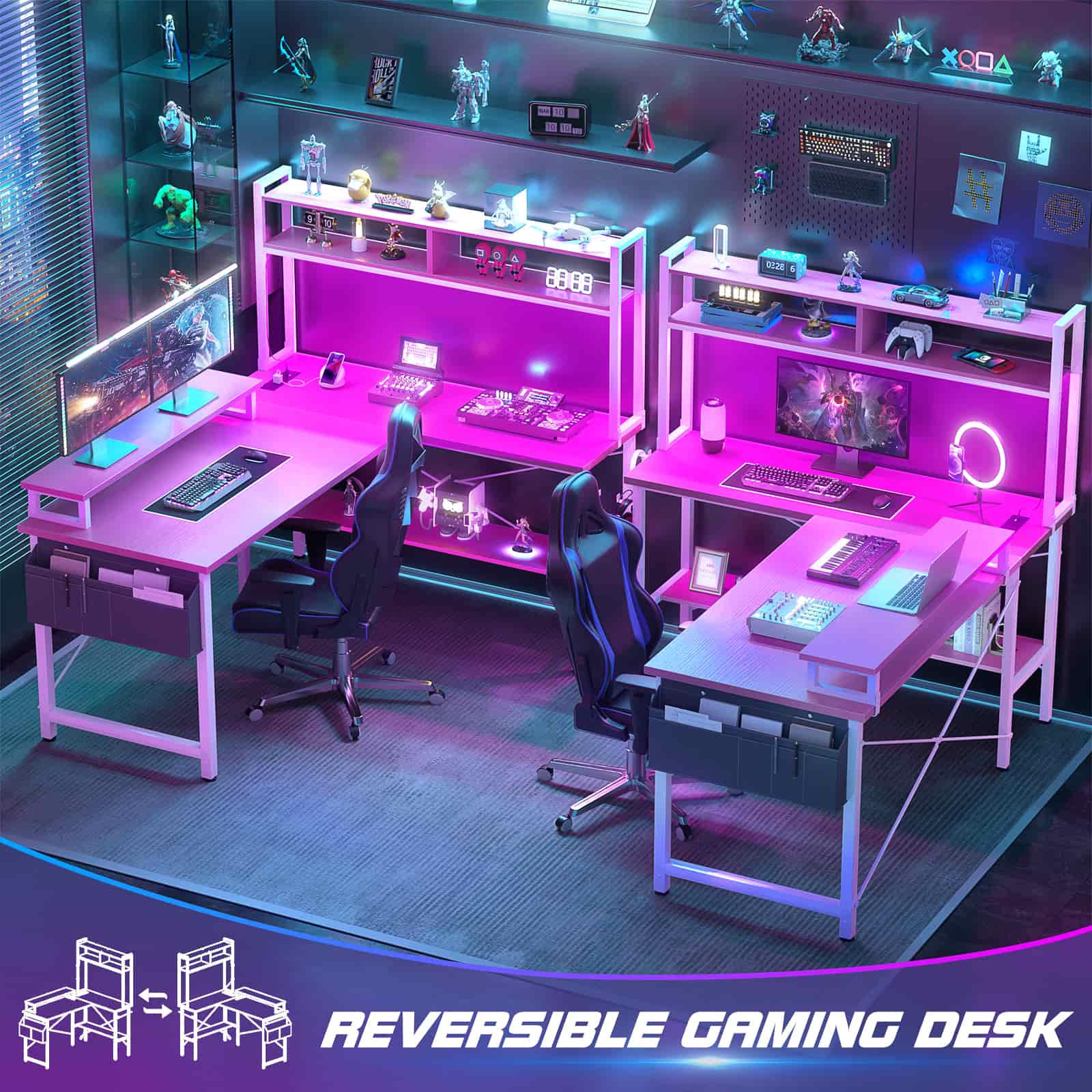 49'' Reversible Computer Gaming Desk with Hutch and Charging Station