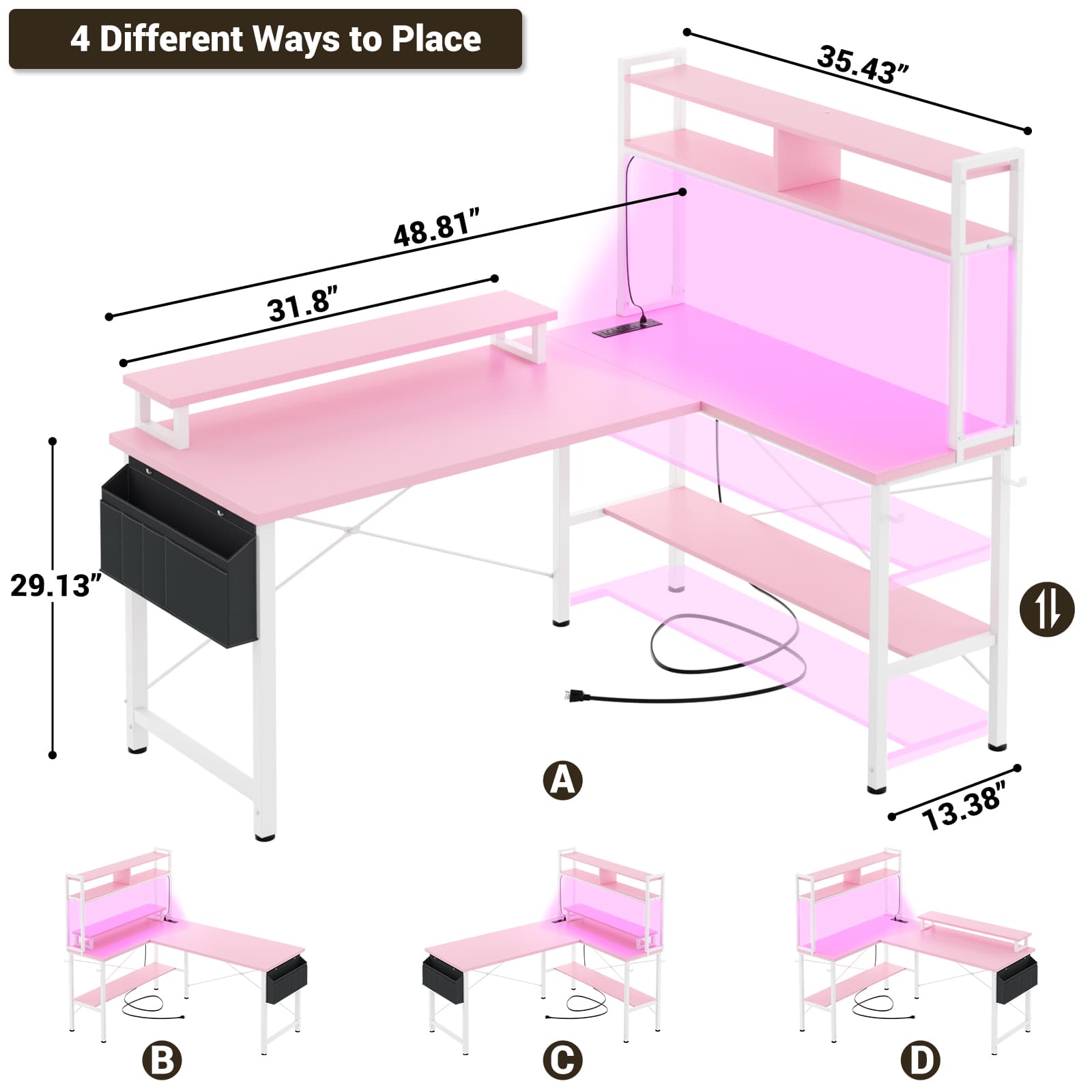 49'' Reversible Computer Gaming Desk with Hutch and Charging Station