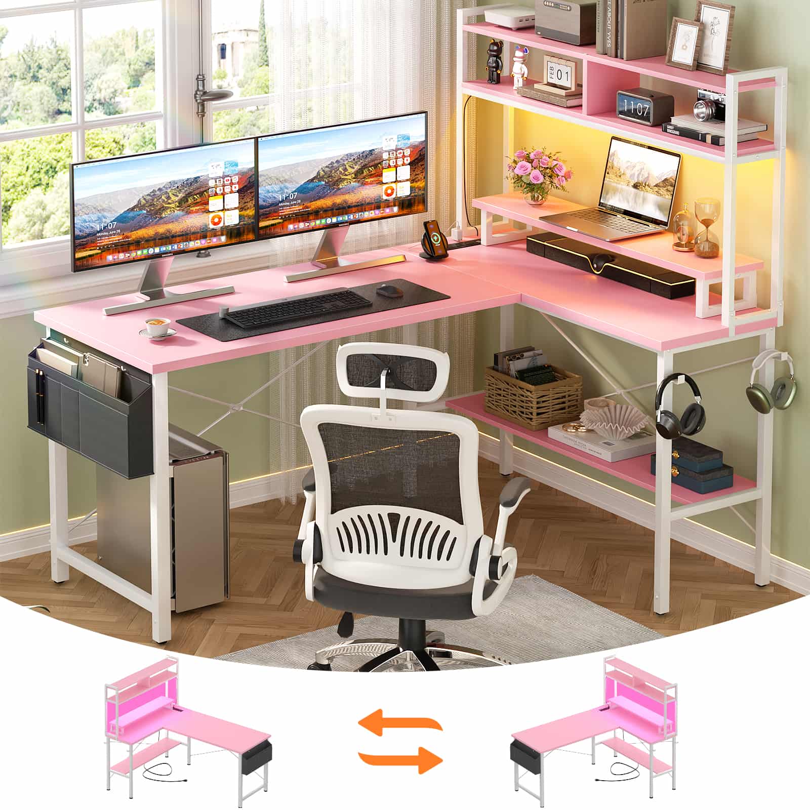 49'' Reversible Computer Gaming Desk with Hutch and Charging Station
