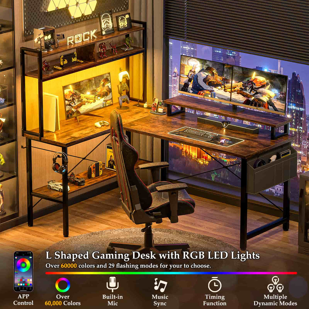 49'' Reversible Computer Gaming Desk with Hutch and Charging Station
