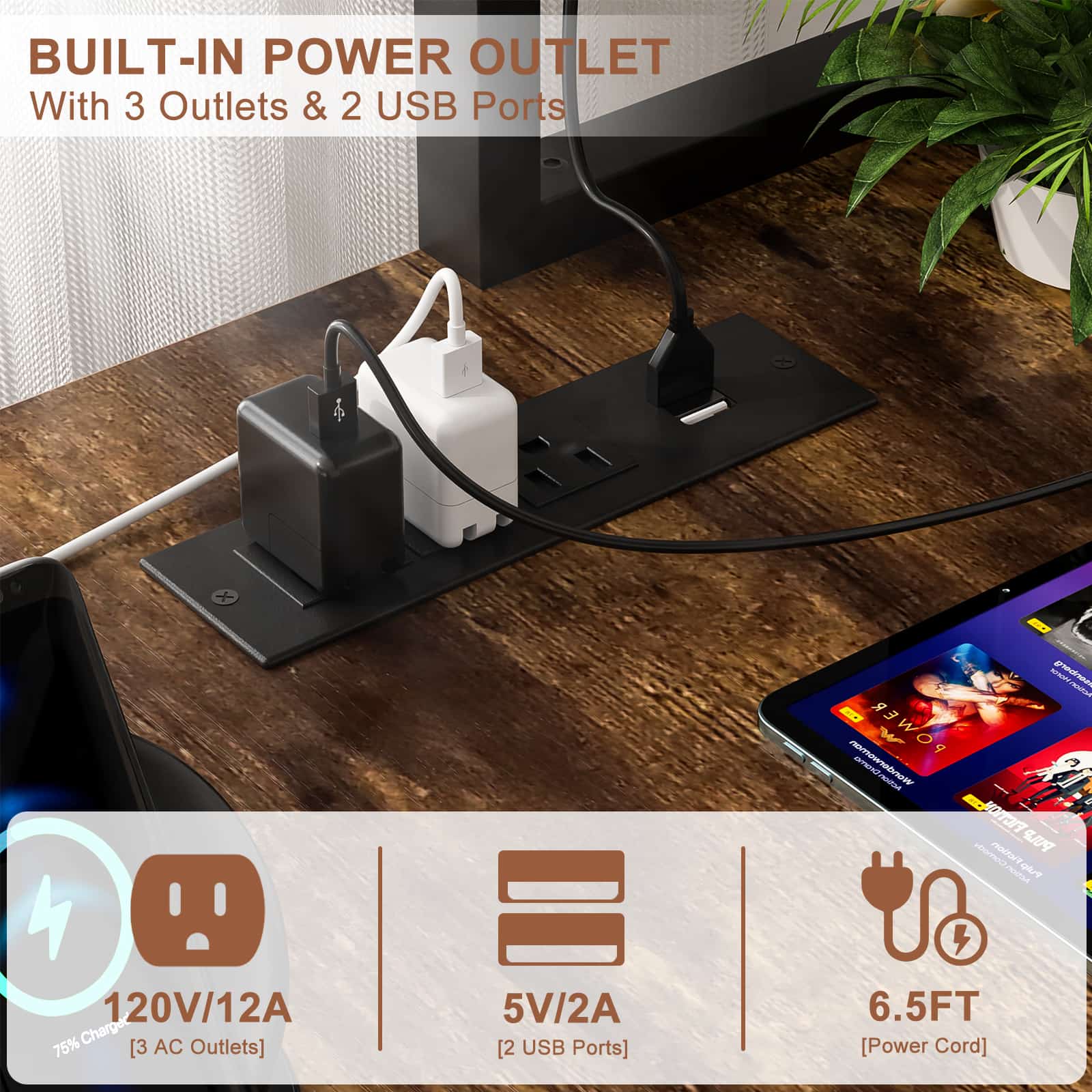 49'' Reversible Computer Gaming Desk with Hutch and Charging Station