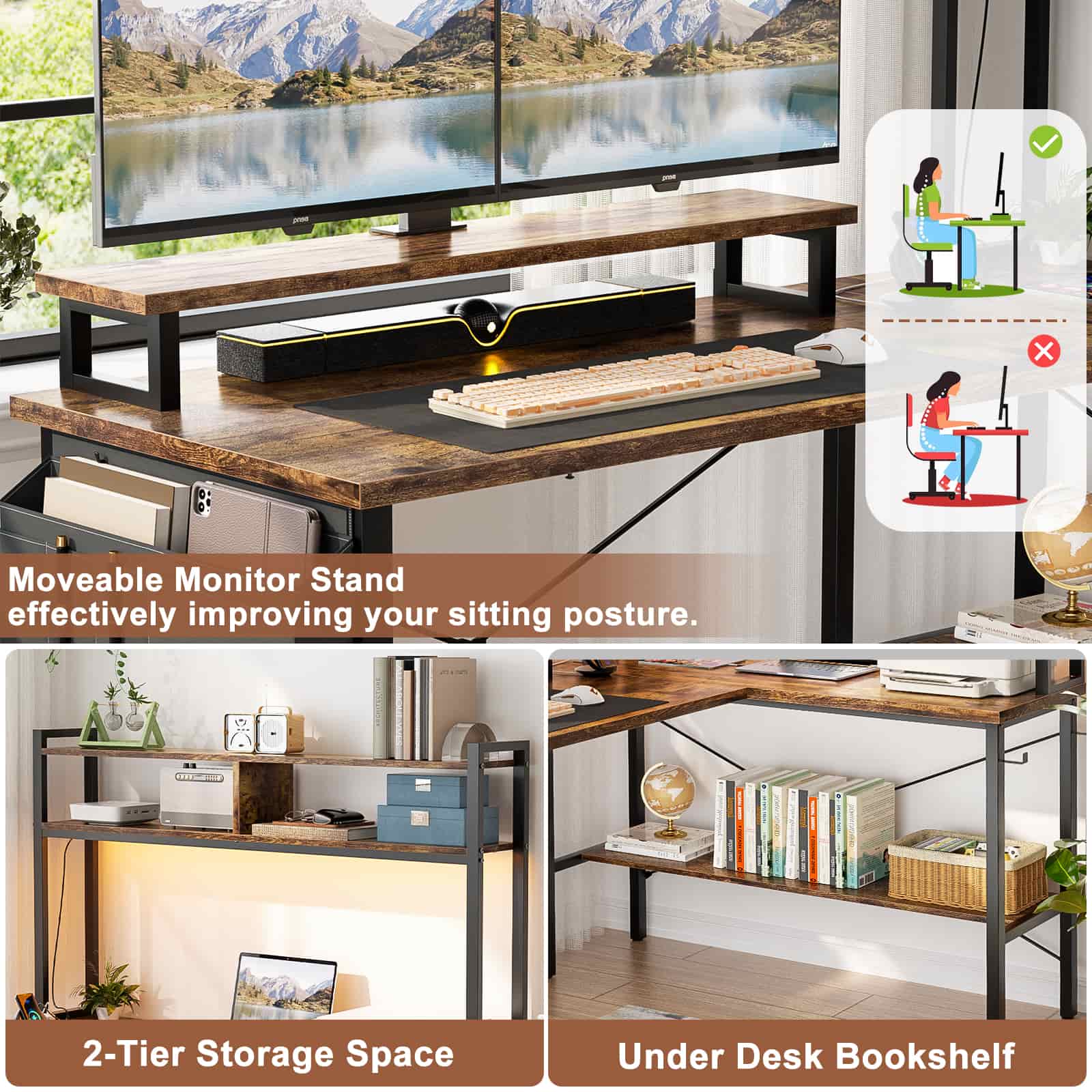 49'' Reversible Computer Gaming Desk with Hutch and Charging Station